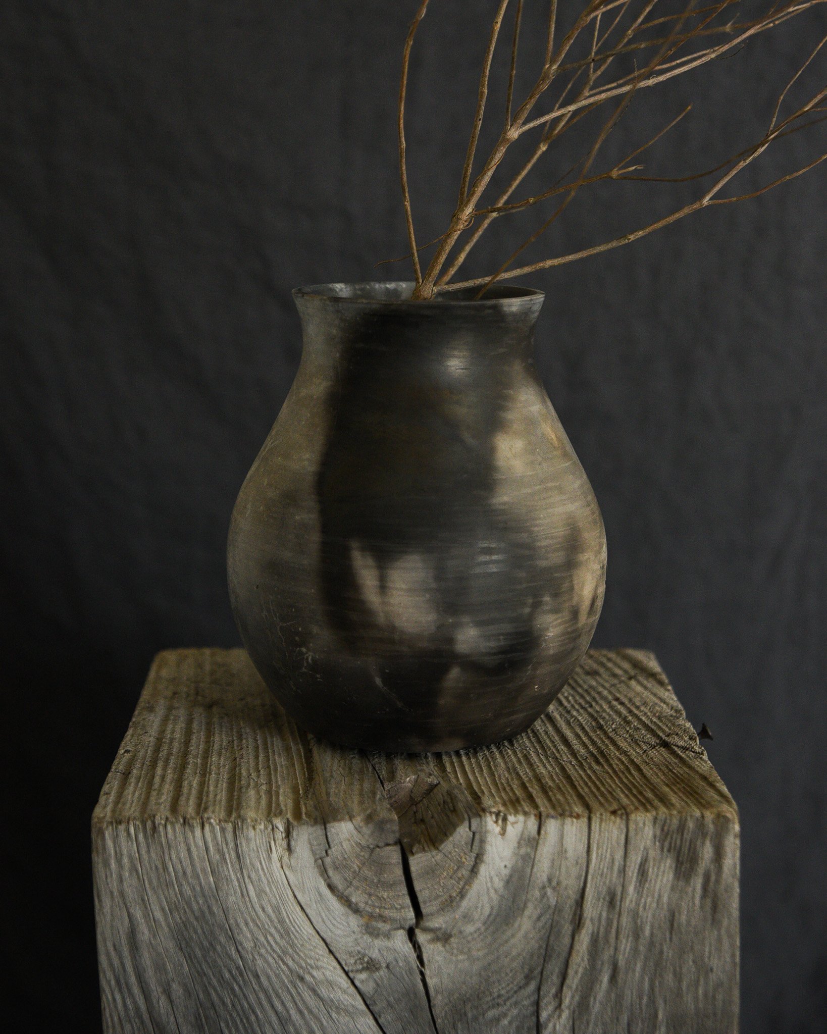 One-of-a-kind handmade ceramic vessel, contemporary wabi sabi with organic form and textured surface variation pit fired