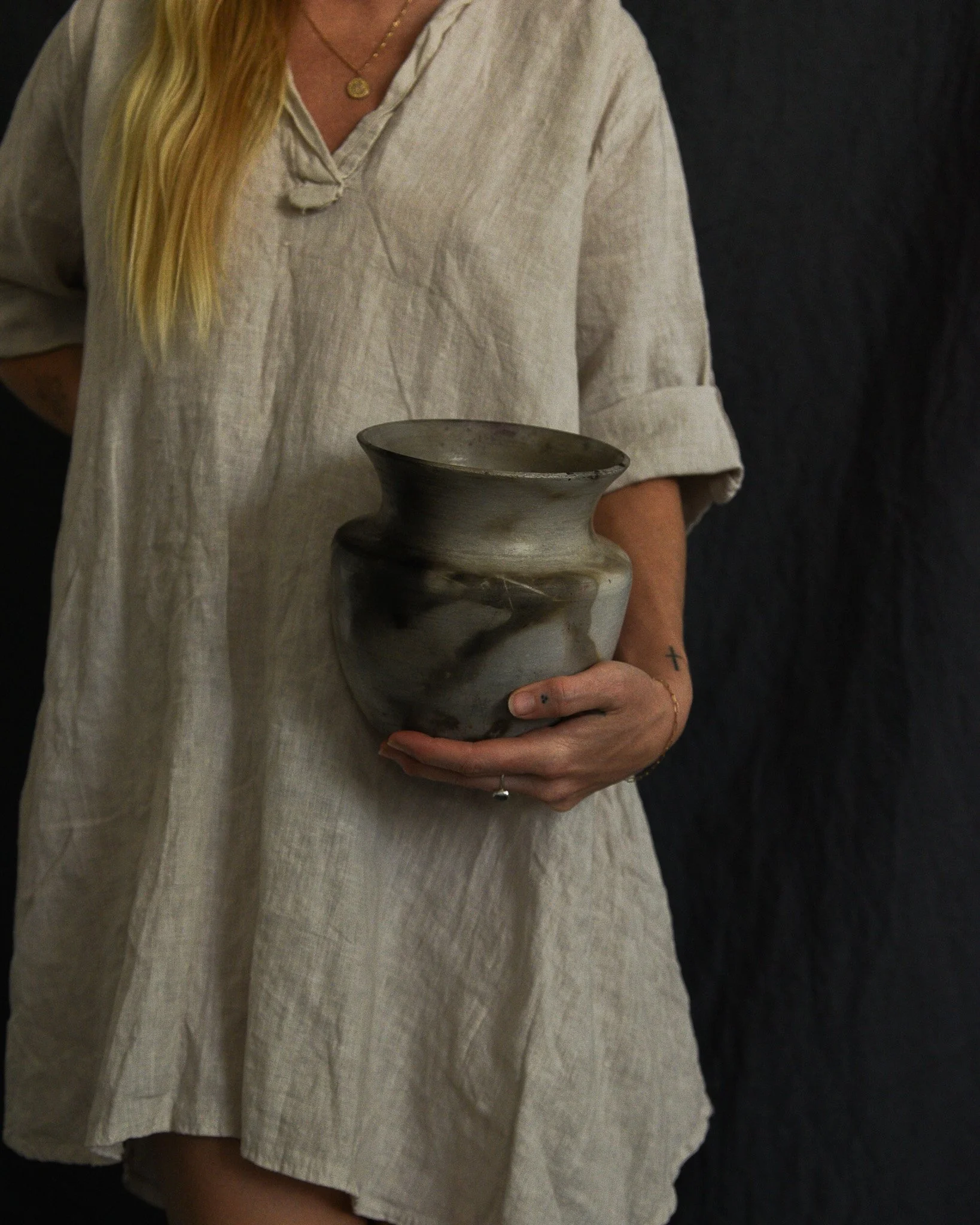 One-of-a-kind handmade ceramic vessel, contemporary wabi sabi with organic form and textured surface variation pit fired