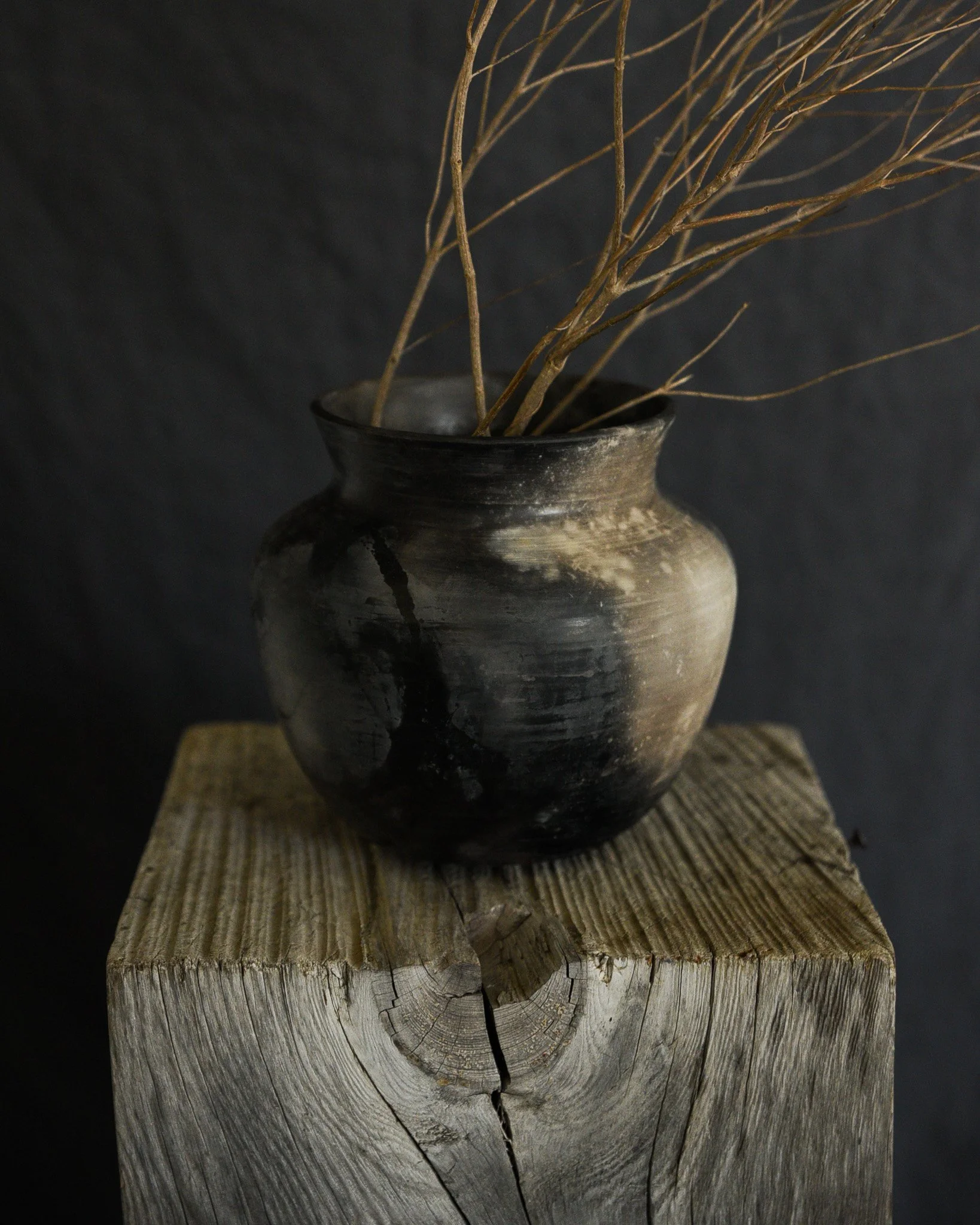 One-of-a-kind handmade ceramic vessel, contemporary wabi sabi with organic form and textured surface variation pit fired