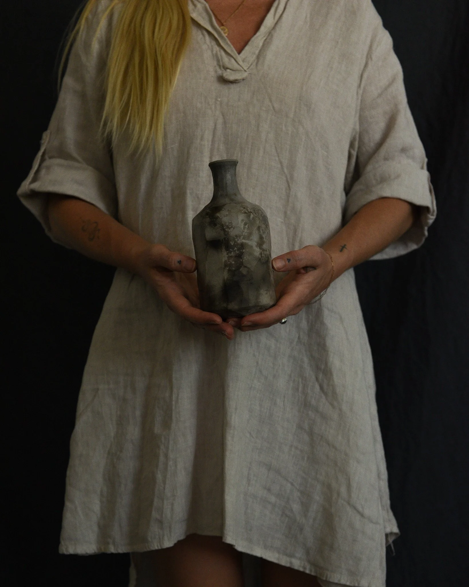 One-of-a-kind handmade ceramic vessel, contemporary wabi sabi with organic form and textured surface variation pit fired sodium silicate