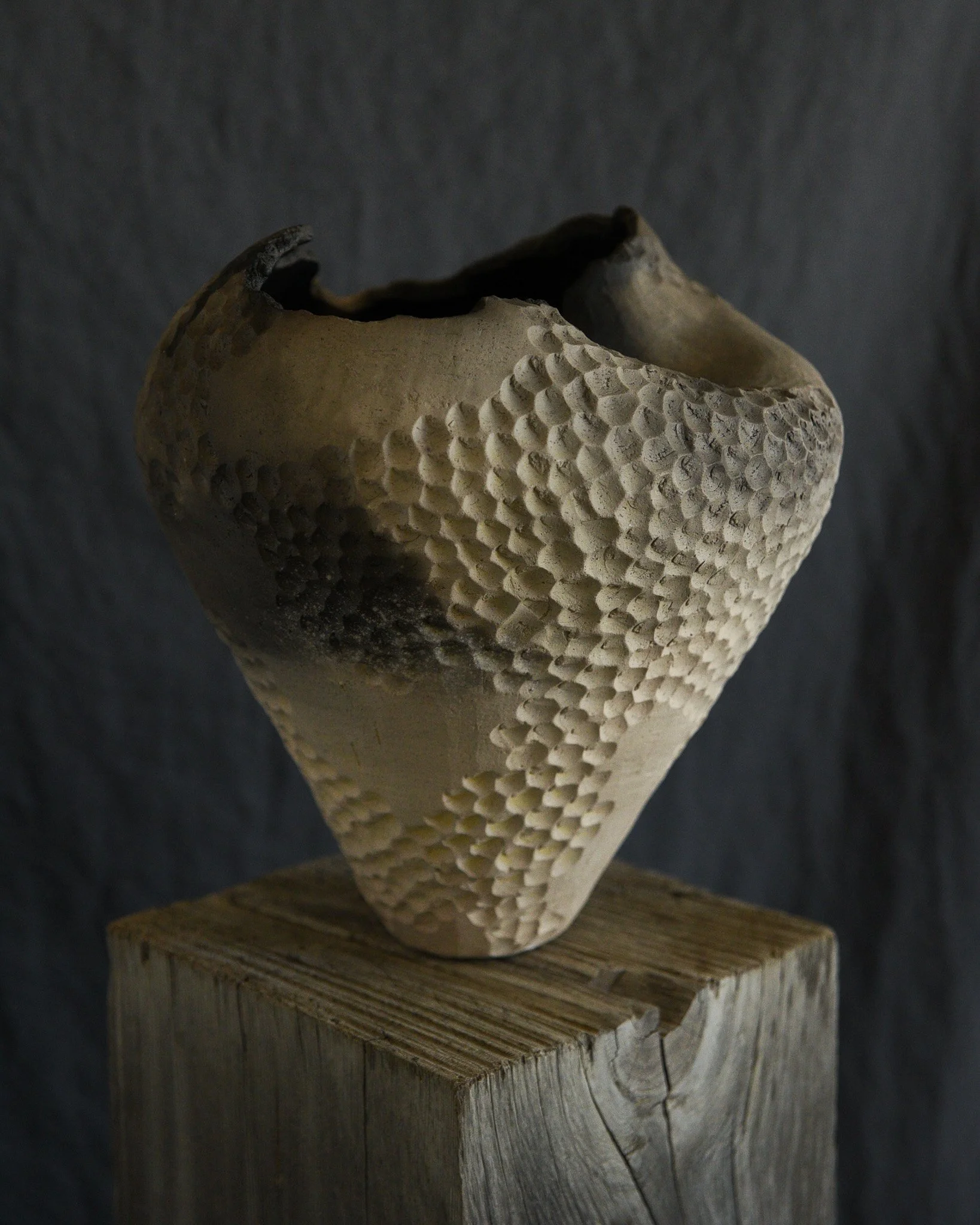 One-of-a-kind handmade ceramic vessel, contemporary wabi sabi with organic form and surface variation pit fired