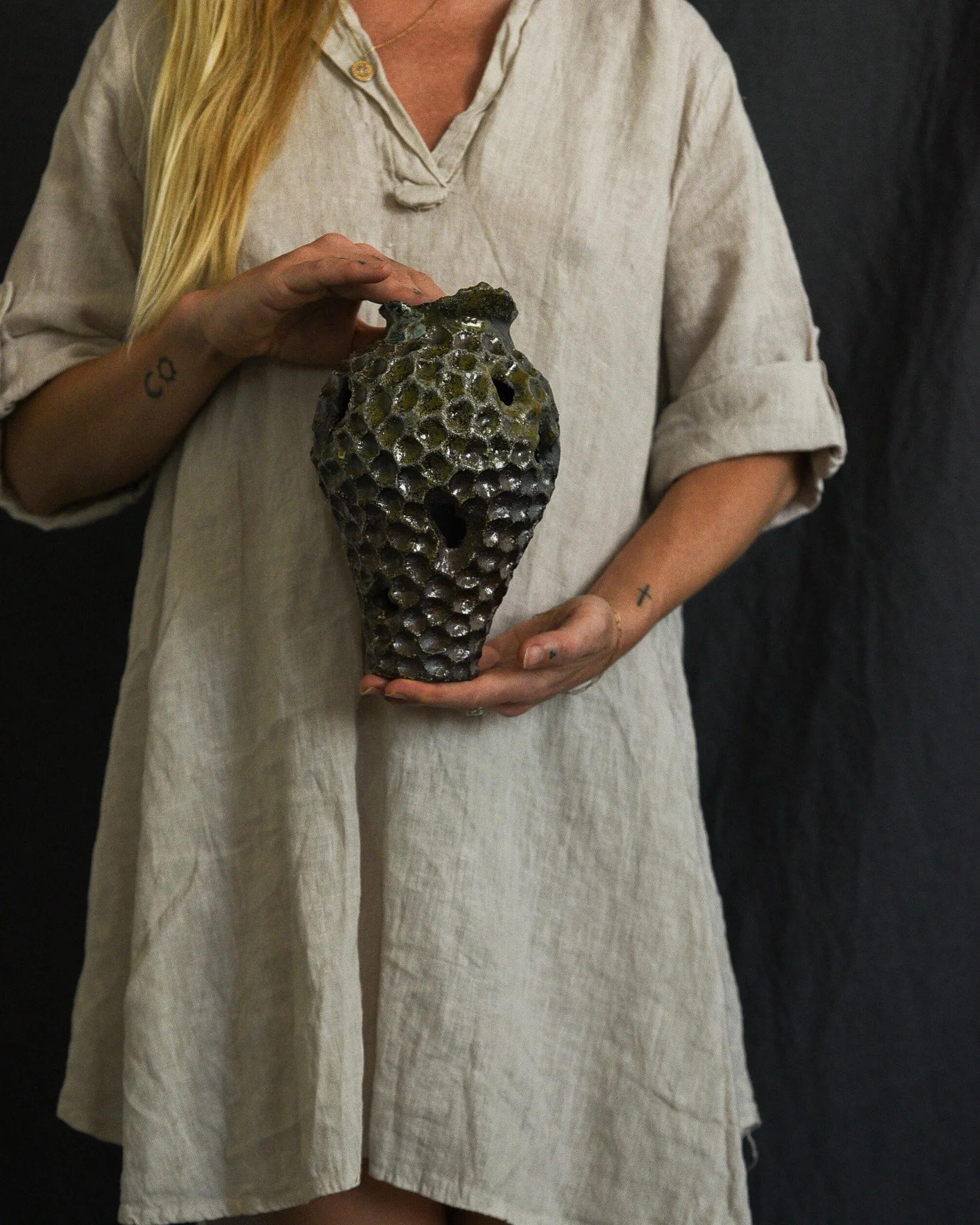 One-of-a-kind handmade ceramic vessel, contemporary wabi sabi with organic form and textured surface variation wood fired