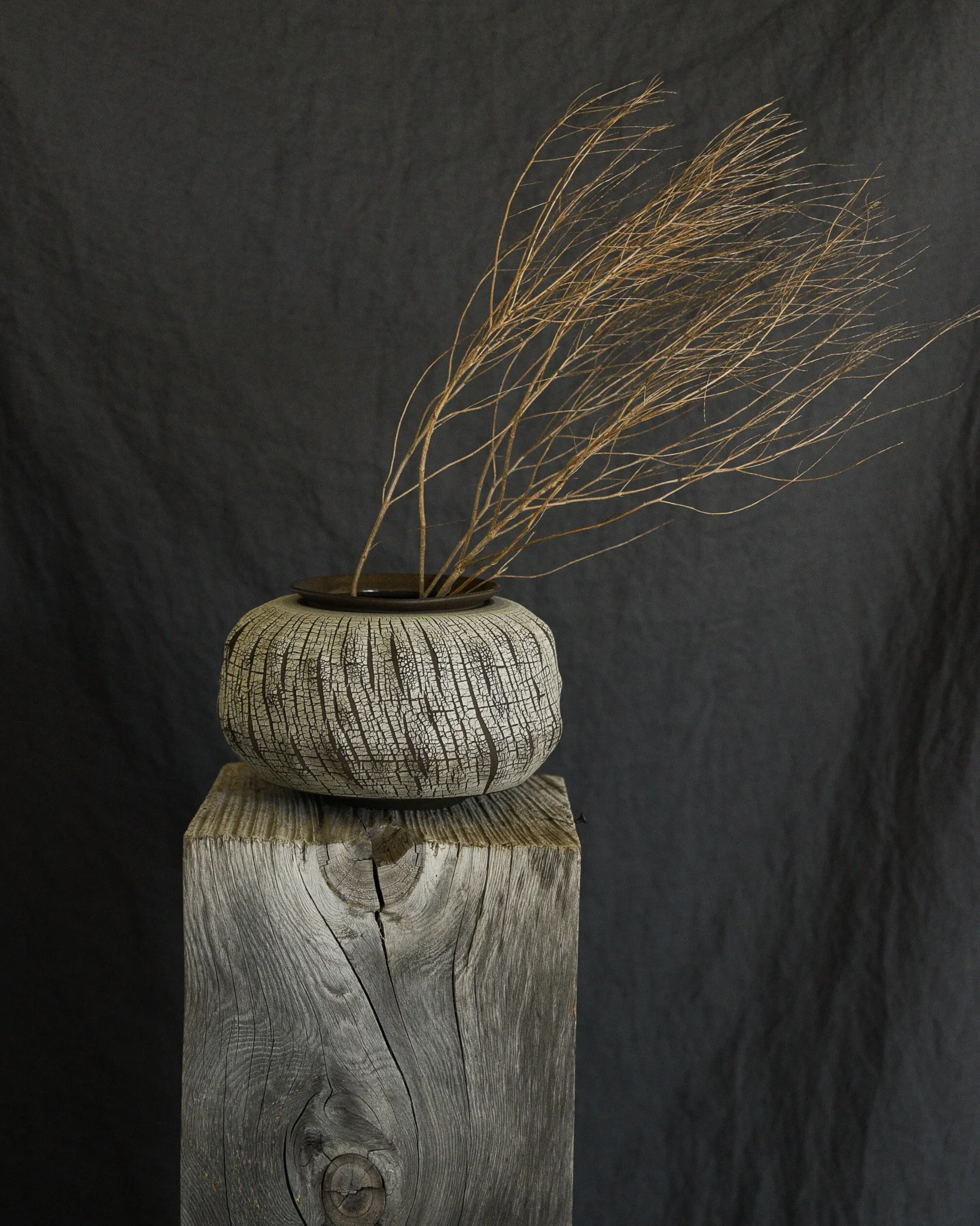 One-of-a-kind handmade ceramic vessel, contemporary wabi sabi with organic form and textured surface variation sodium silicate