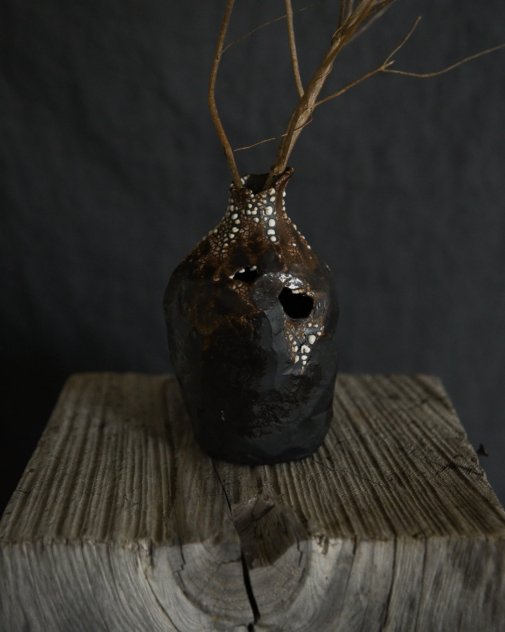 One-of-a-kind handmade ceramic vessel, contemporary wabi sabi with organic form and textured surface variation black