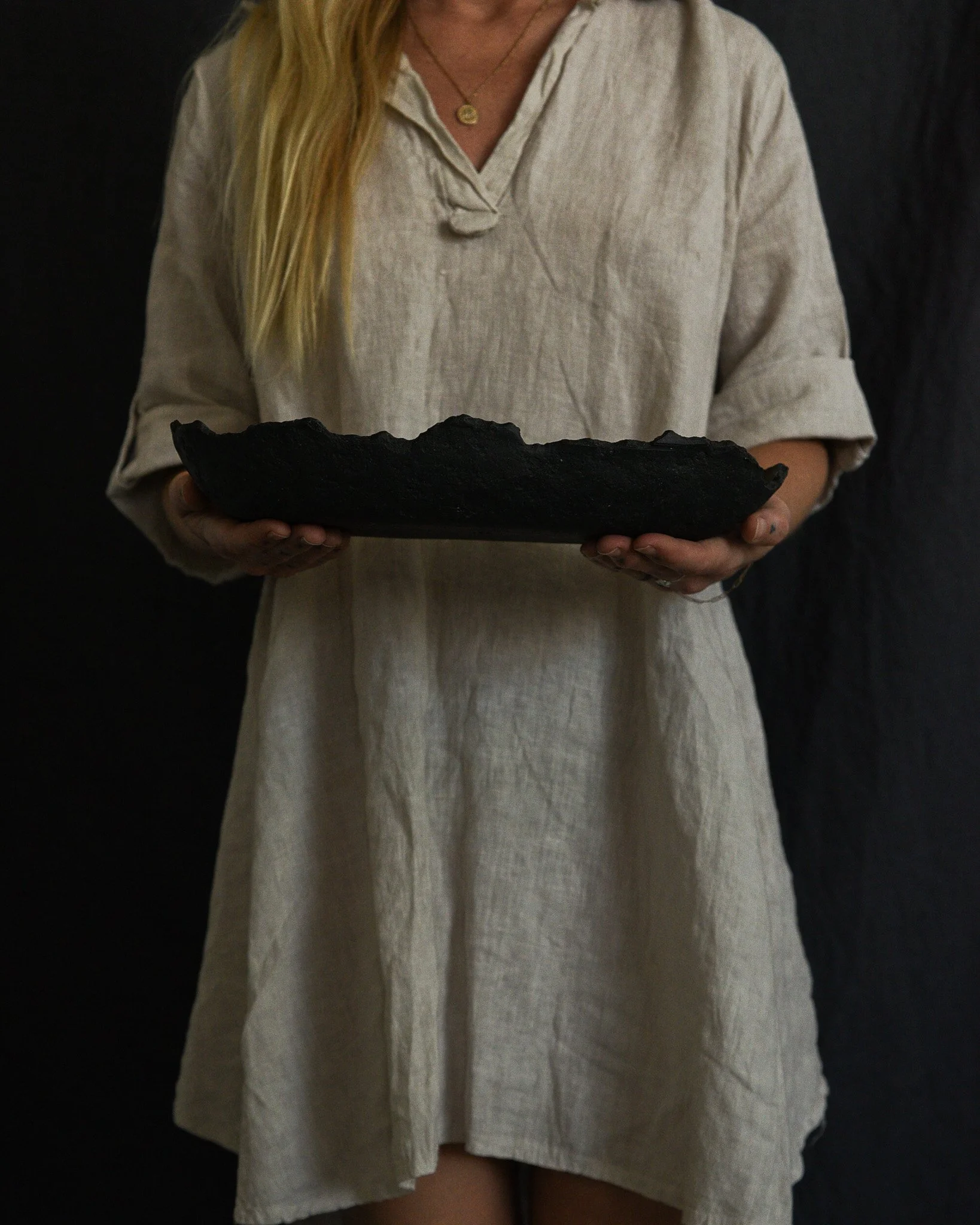 One-of-a-kind handmade ceramic vessel, contemporary wabi sabi with organic form and textured surface variation black bronze dish