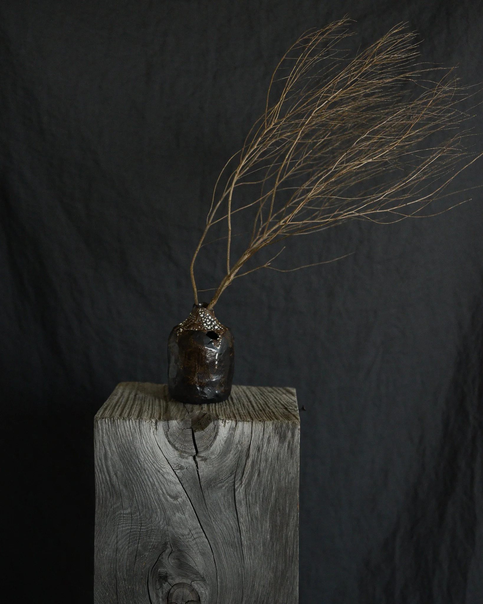 One-of-a-kind handmade ceramic vessel, contemporary wabi sabi with organic form and textured surface variation black