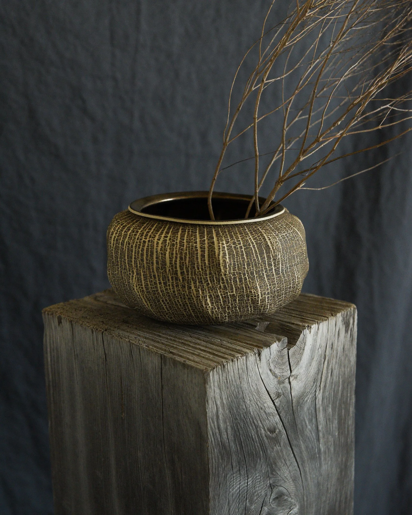 One-of-a-kind handmade ceramic vessel, contemporary wabi sabi with organic form and textured surface variation sodium silicate