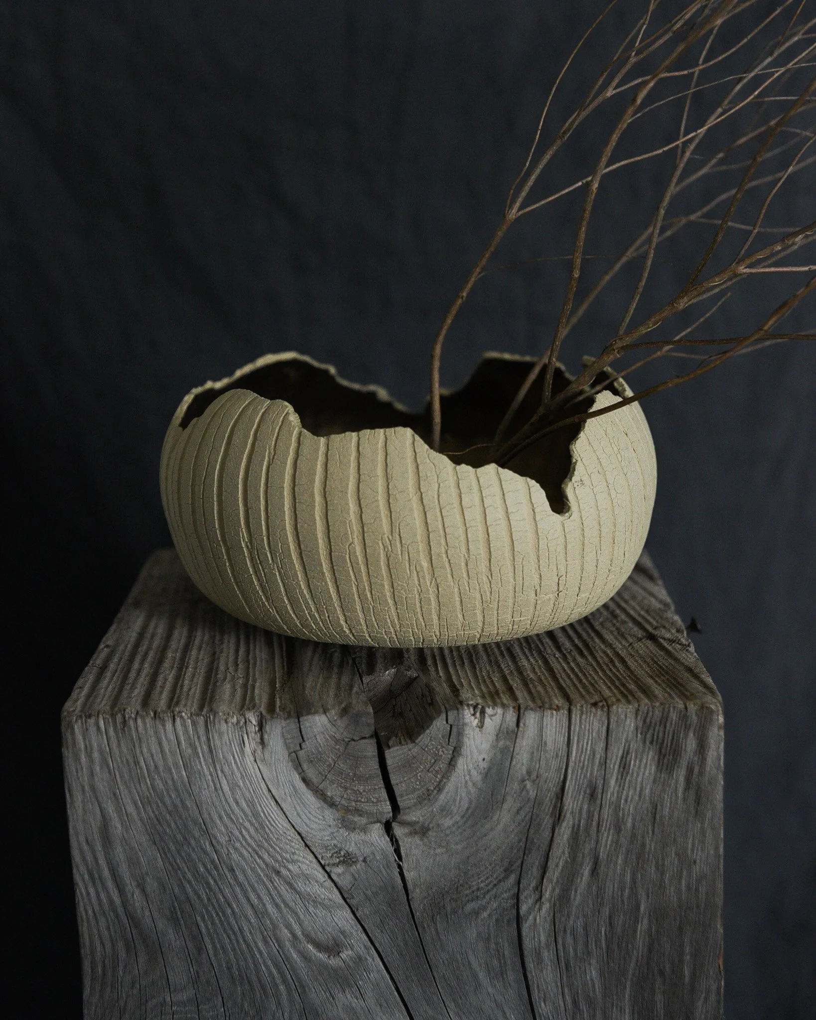 One-of-a-kind handmade ceramic vessel, contemporary wabi sabi with organic form and textured surface variation sodium silicate