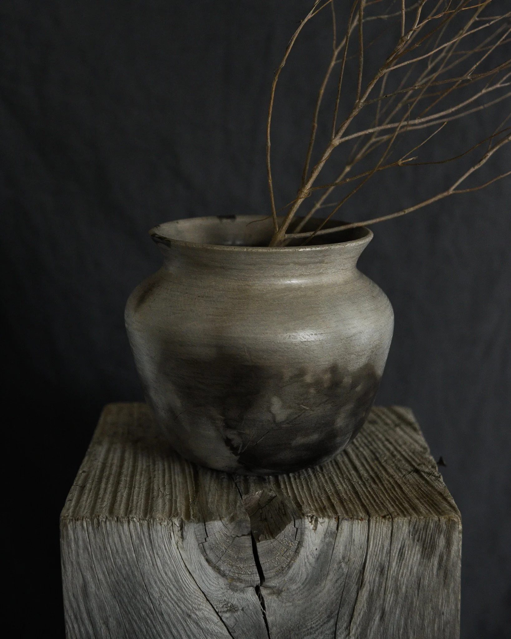 One-of-a-kind handmade ceramic vessel, contemporary wabi sabi with organic form and textured surface variation pit fired
