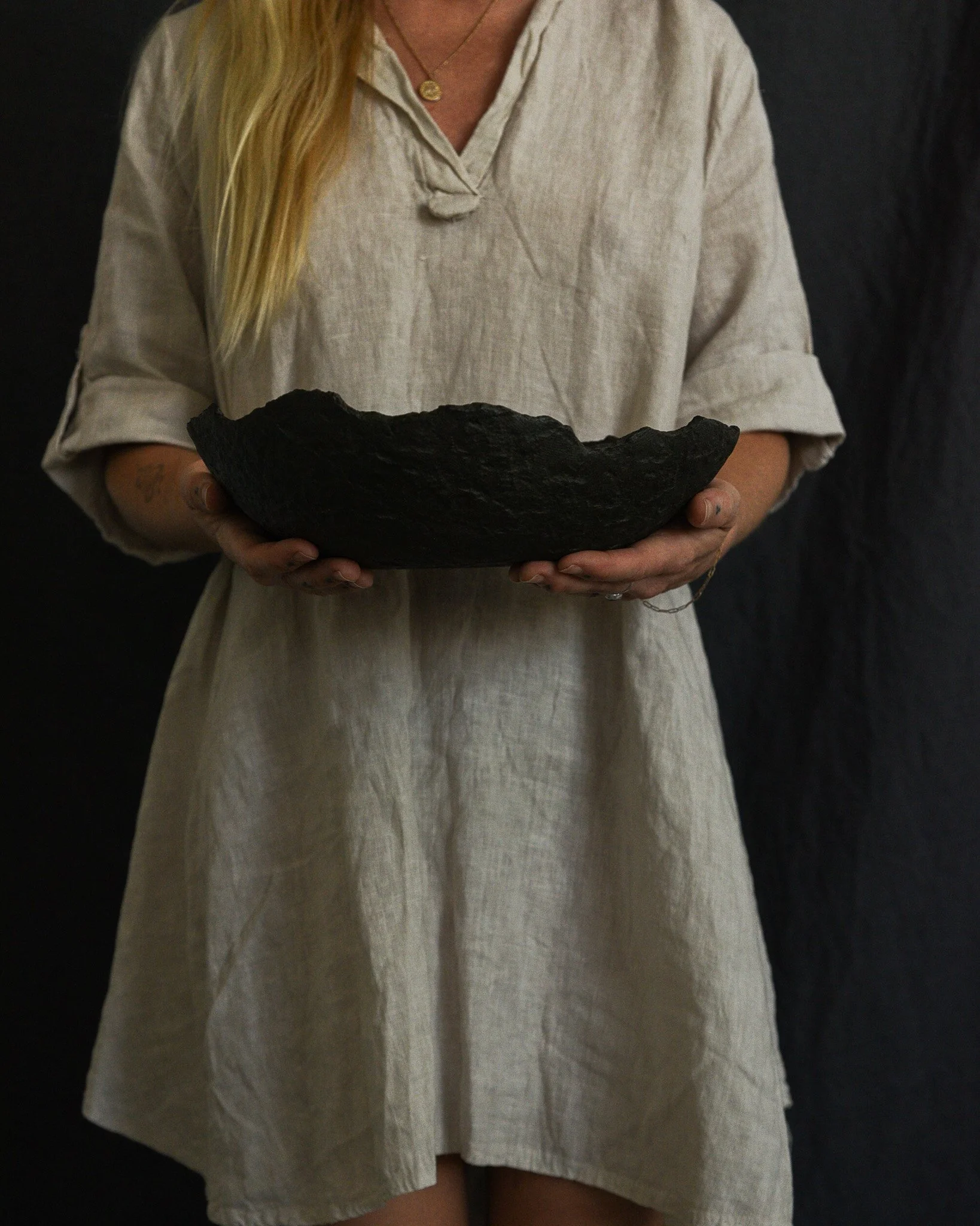 One-of-a-kind handmade ceramic vessel, contemporary wabi sabi with organic form and textured surface variation black bronze dish