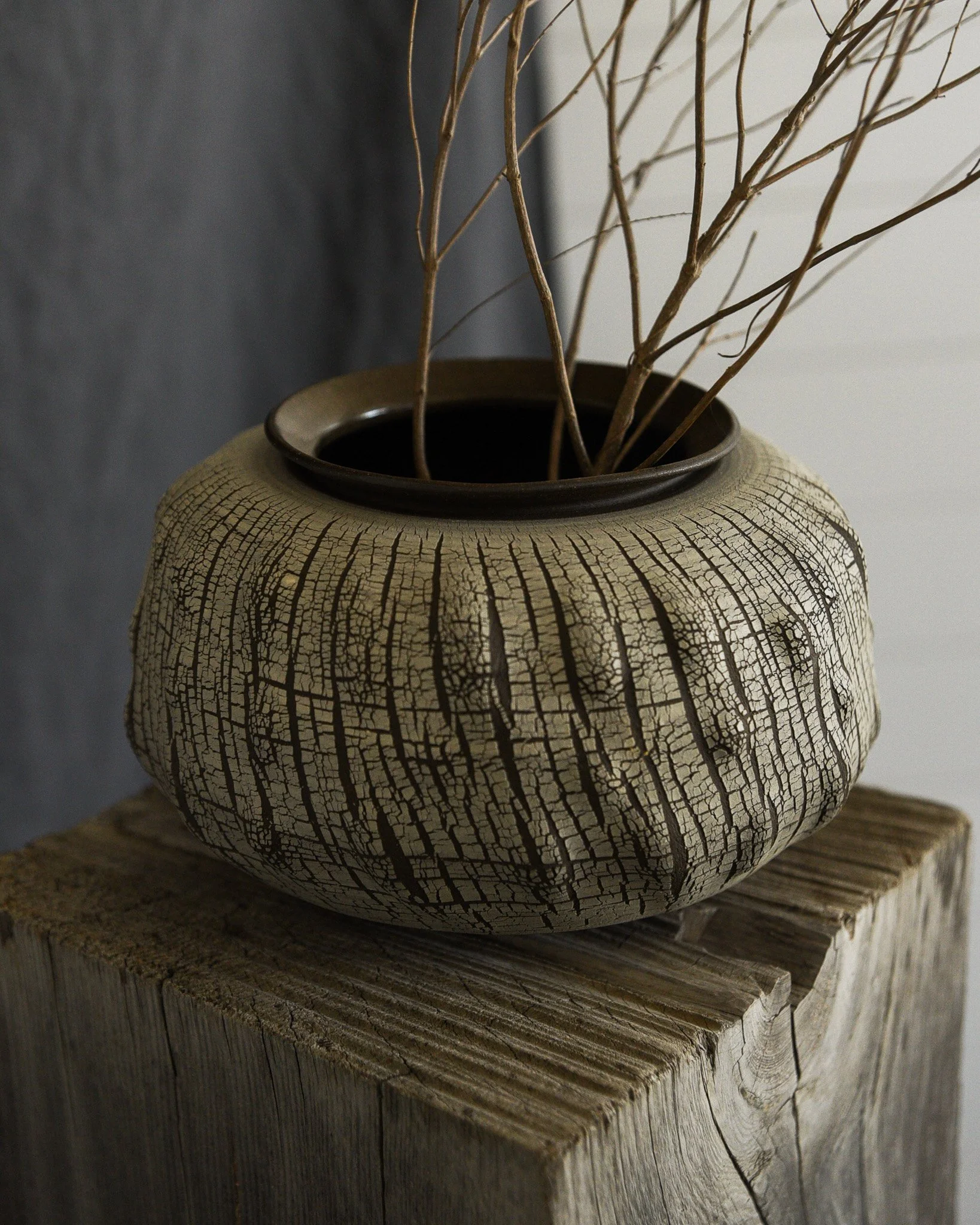 One-of-a-kind handmade ceramic vessel, contemporary wabi sabi with organic form and textured surface variation sodium silicate