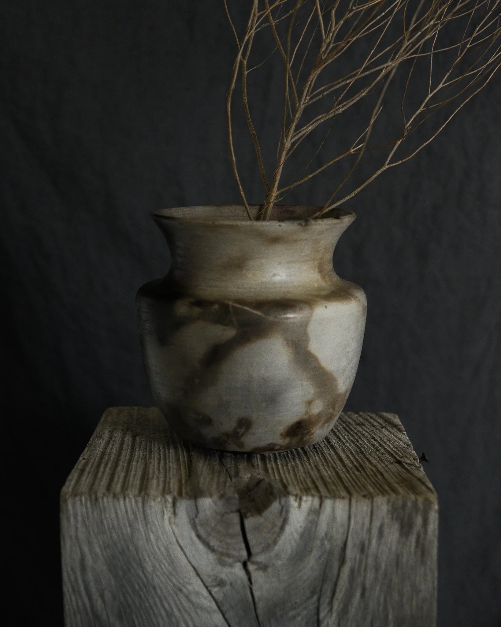 One-of-a-kind handmade ceramic vessel, contemporary wabi sabi with organic form and textured surface variation pit fired