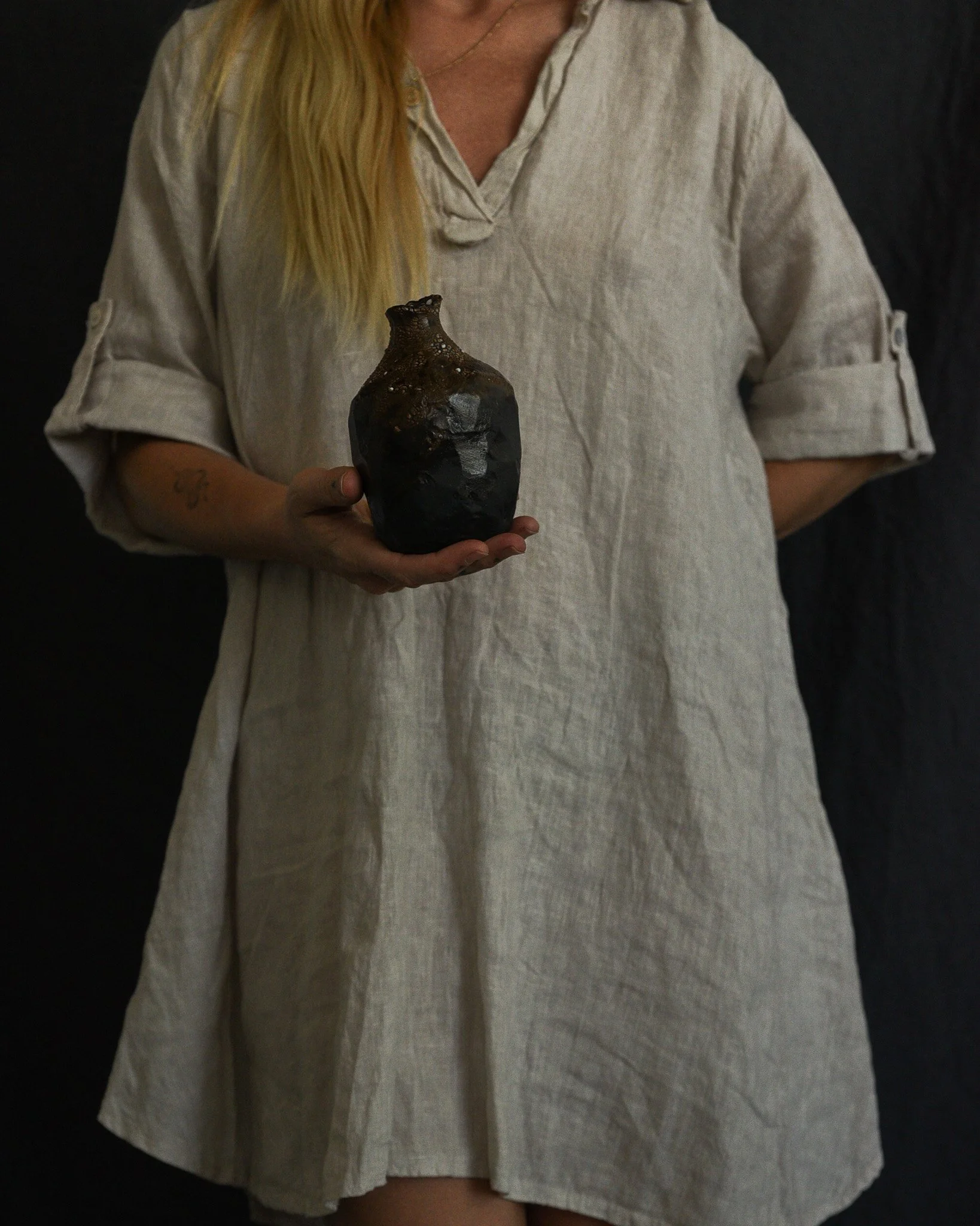 One-of-a-kind handmade ceramic vessel, contemporary wabi sabi with organic form and textured surface variation black