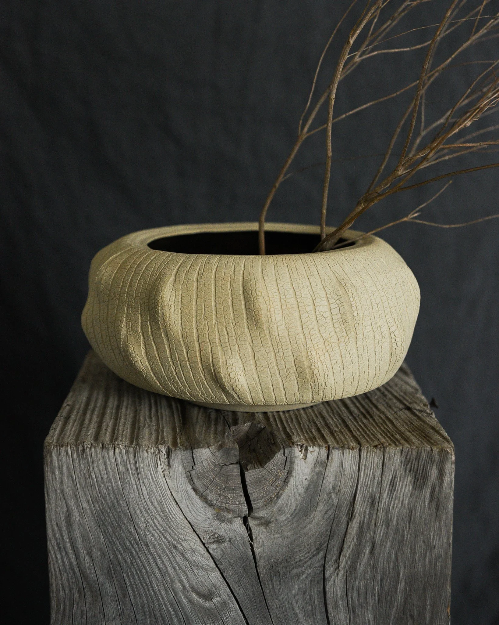 One-of-a-kind handmade ceramic vessel, contemporary wabi sabi with organic form and textured surface variation sodium silicate