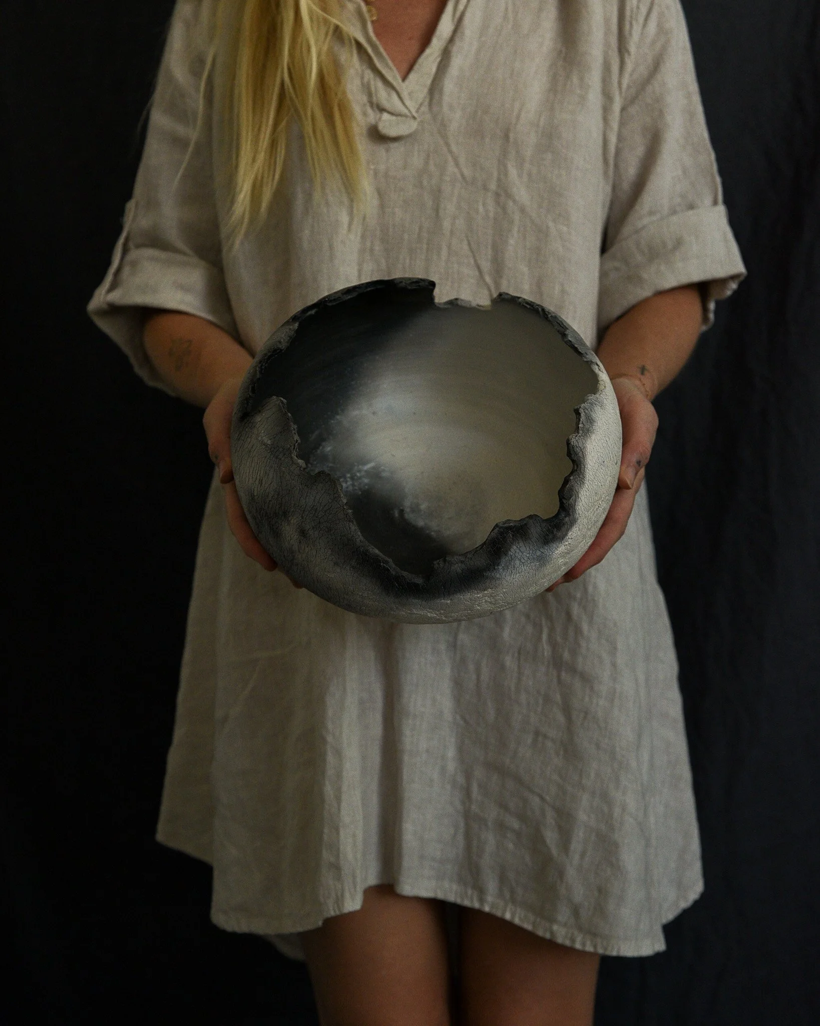 One-of-a-kind handmade ceramic vessel, contemporary wabi sabi with organic form and textured surface variation pit fired sodium silicate