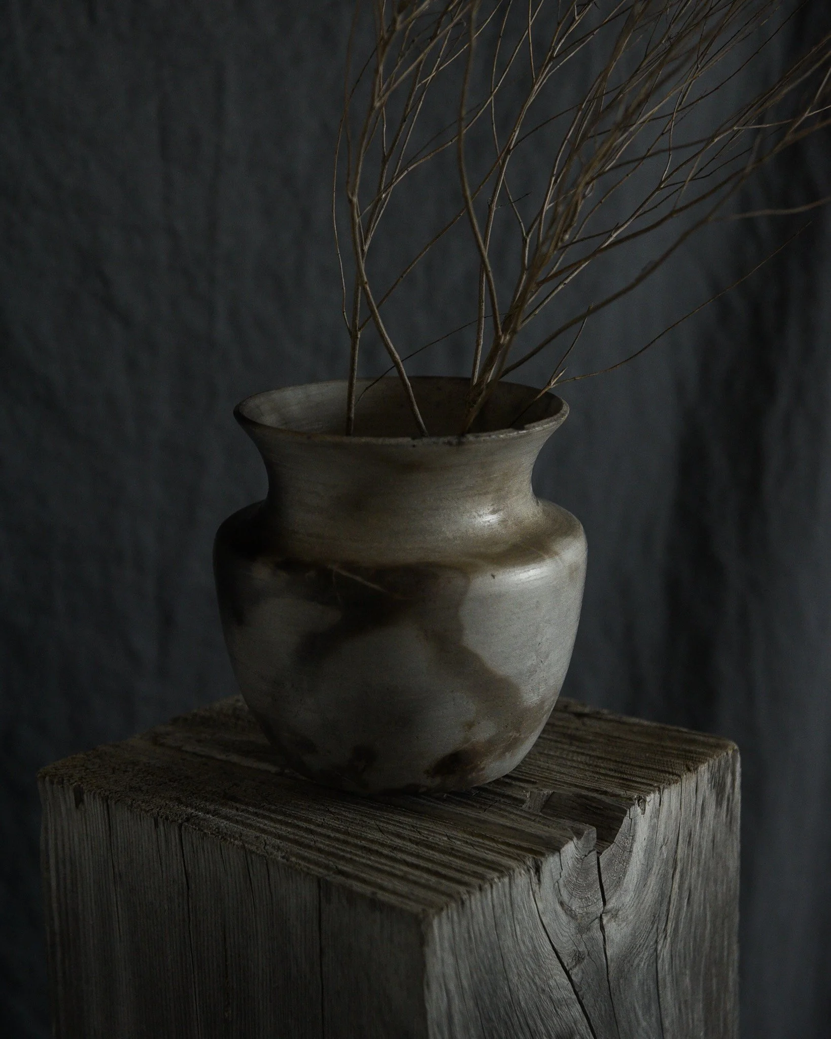 One-of-a-kind handmade ceramic vessel, contemporary wabi sabi with organic form and textured surface variation pit fired