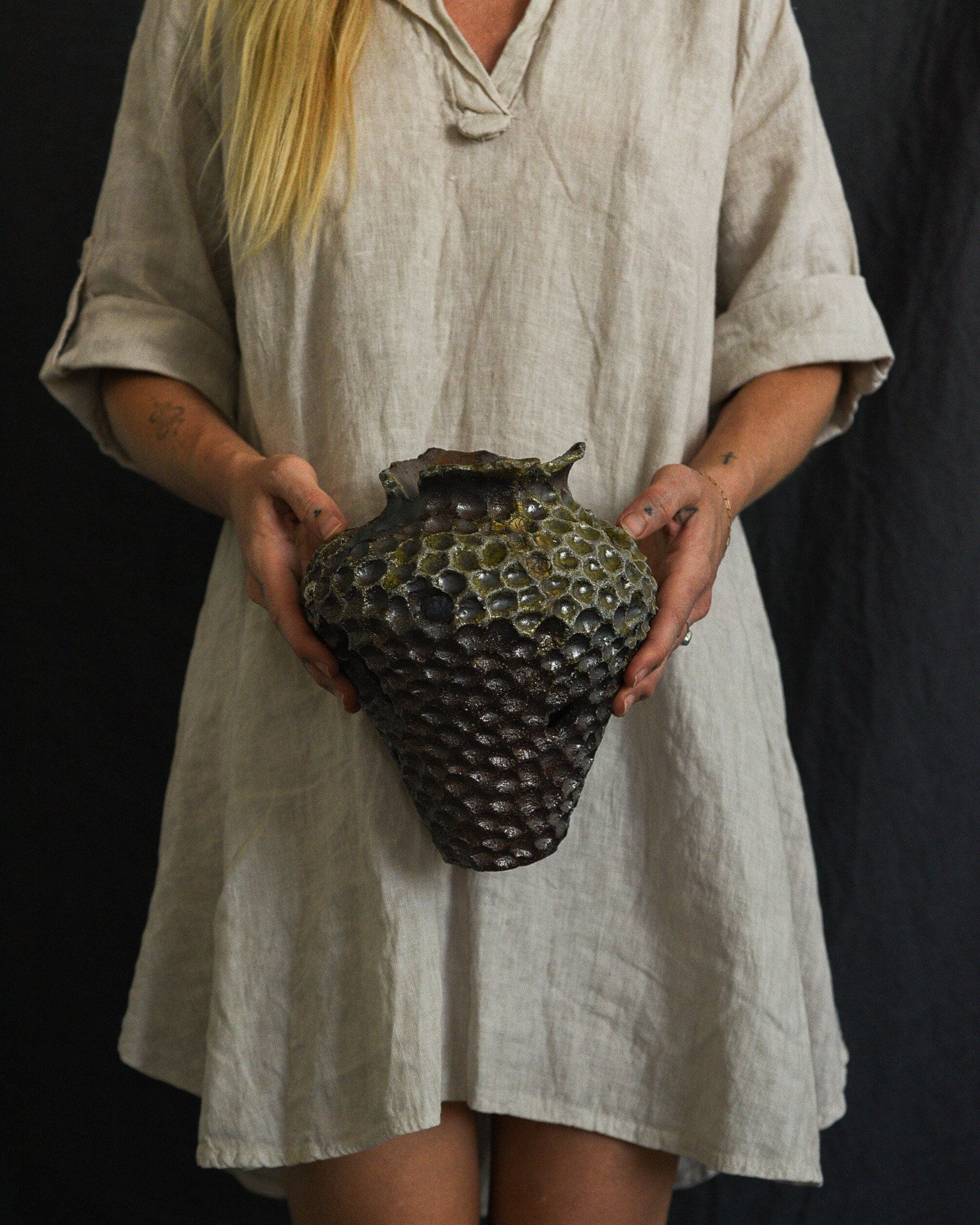 One-of-a-kind handmade ceramic vessel, contemporary wabi sabi with organic form and textured surface variation wood fired
