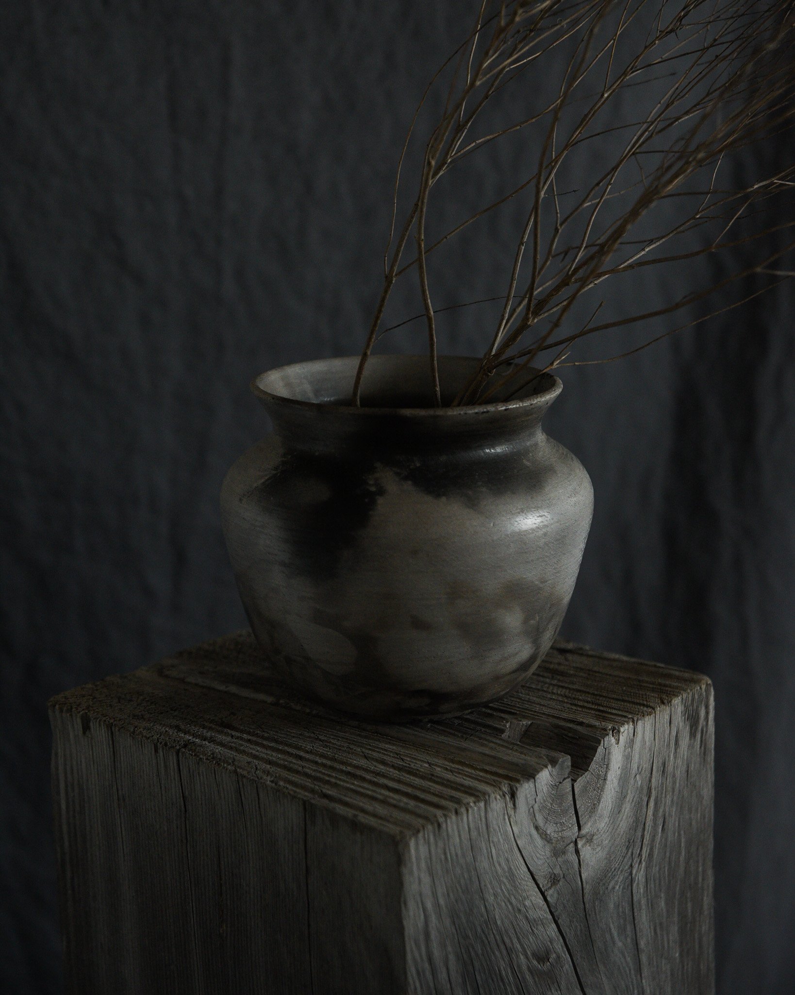 One-of-a-kind handmade ceramic vessel, contemporary wabi sabi with organic form and textured surface variation pit fired