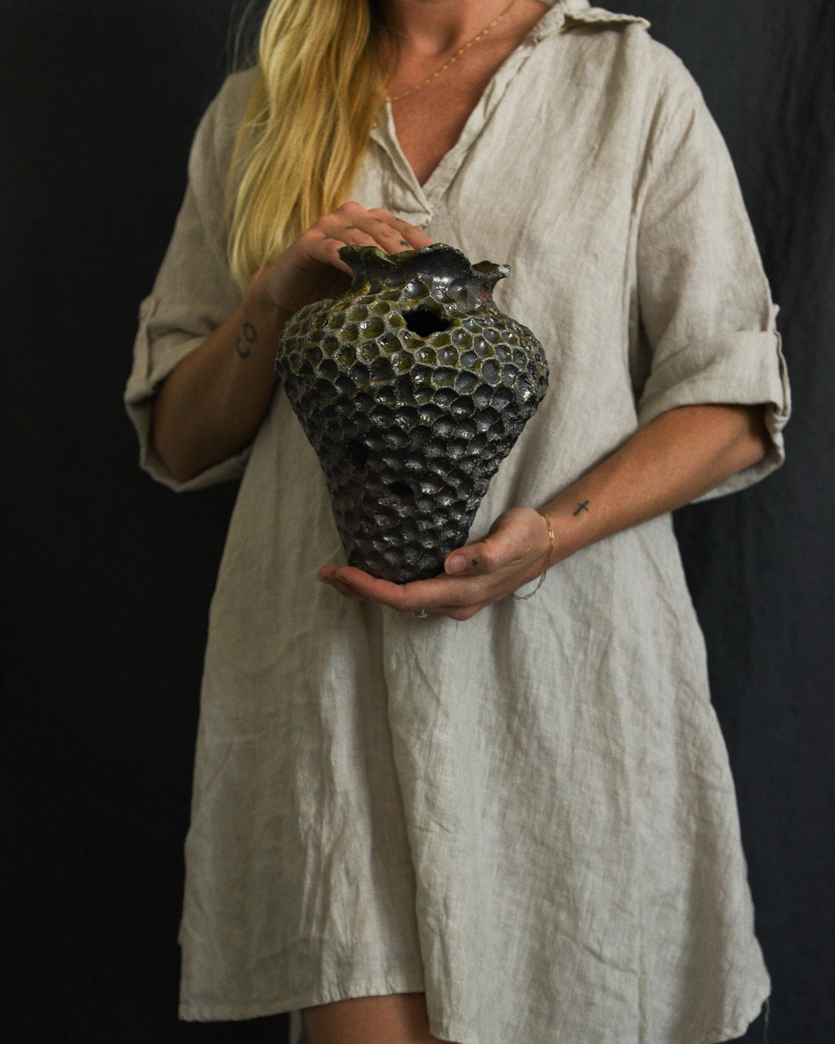 One-of-a-kind handmade ceramic vessel, contemporary wabi sabi with organic form and textured surface variation wood fired