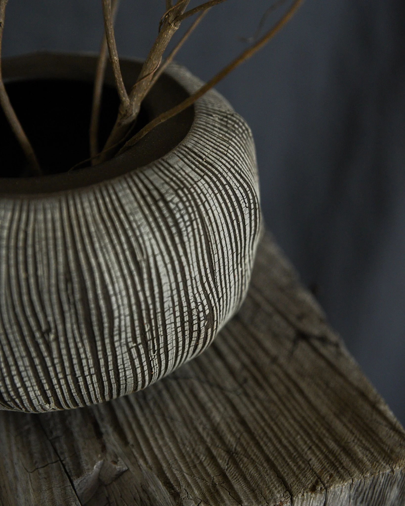 One-of-a-kind handmade ceramic vessel, contemporary wabi sabi with organic form and textured surface variation sodium silicate