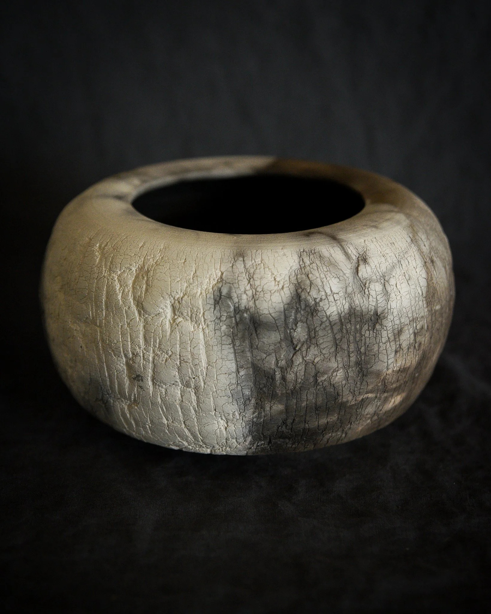 One-of-a-kind handmade ceramic vessel, contemporary wabi sabi with organic form and textured surface variation pit fired sodium silicate