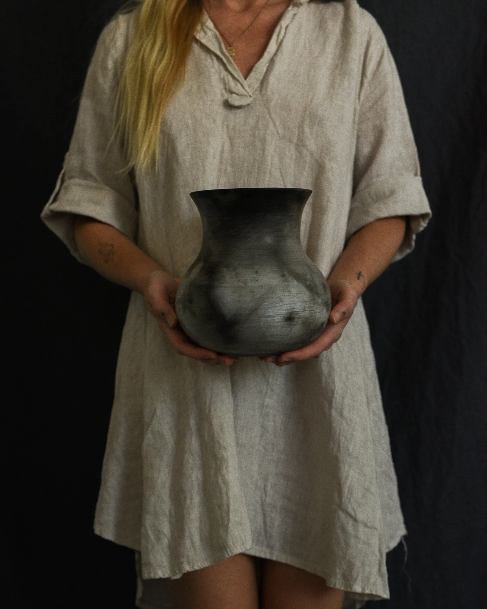 One-of-a-kind handmade ceramic vessel, contemporary wabi sabi with organic form and textured surface variation pit fired