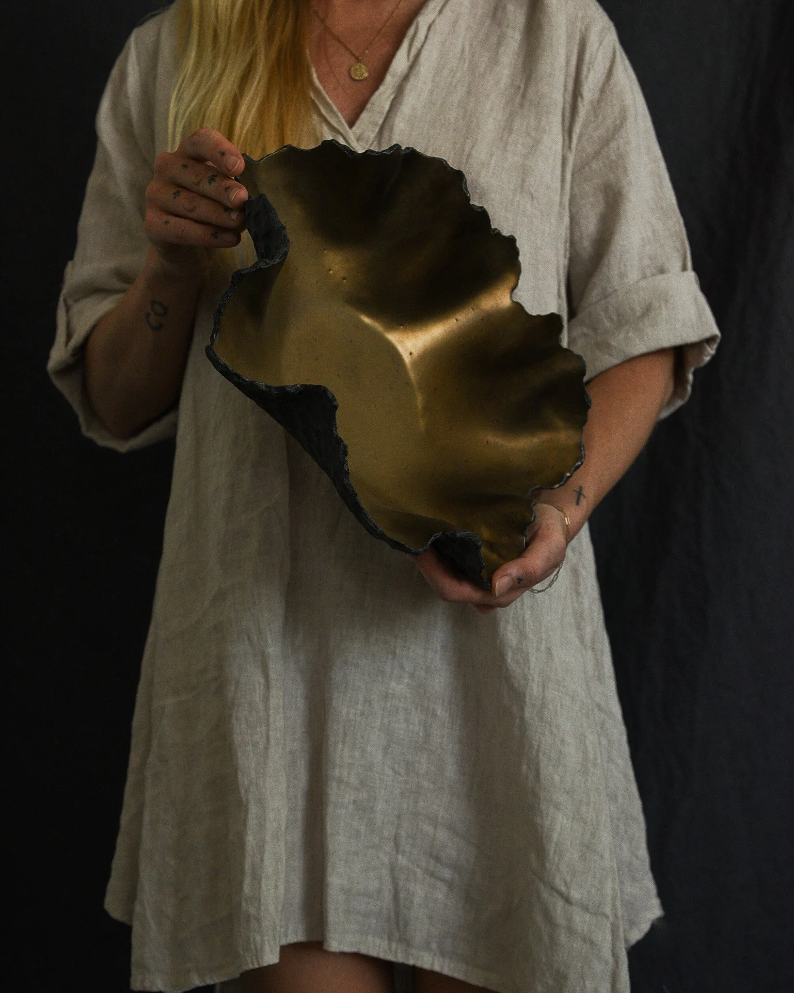 One-of-a-kind handmade ceramic vessel, contemporary wabi sabi with organic form and textured surface variation black bronze dish