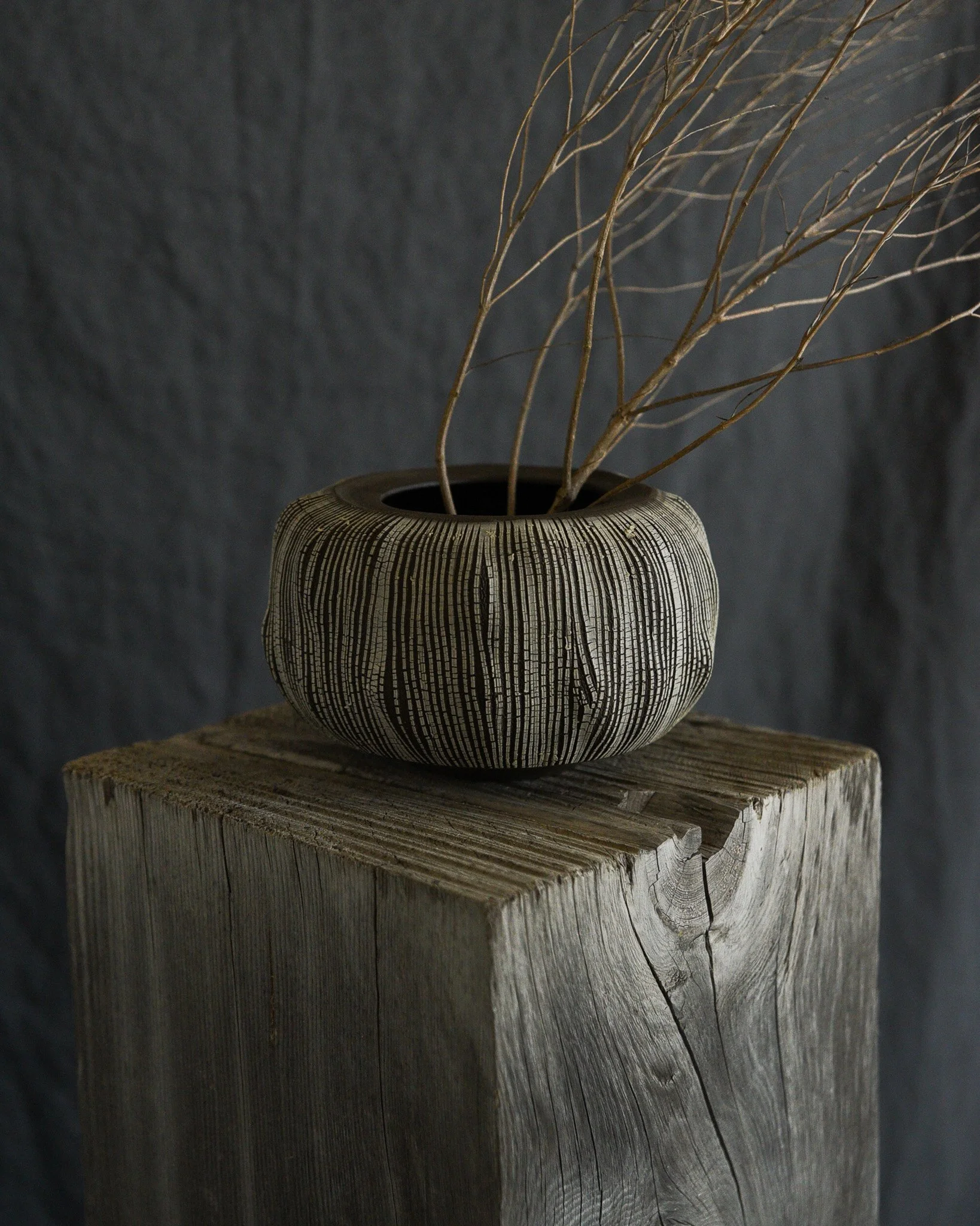 One-of-a-kind handmade ceramic vessel, contemporary wabi sabi with organic form and textured surface variation sodium silicate