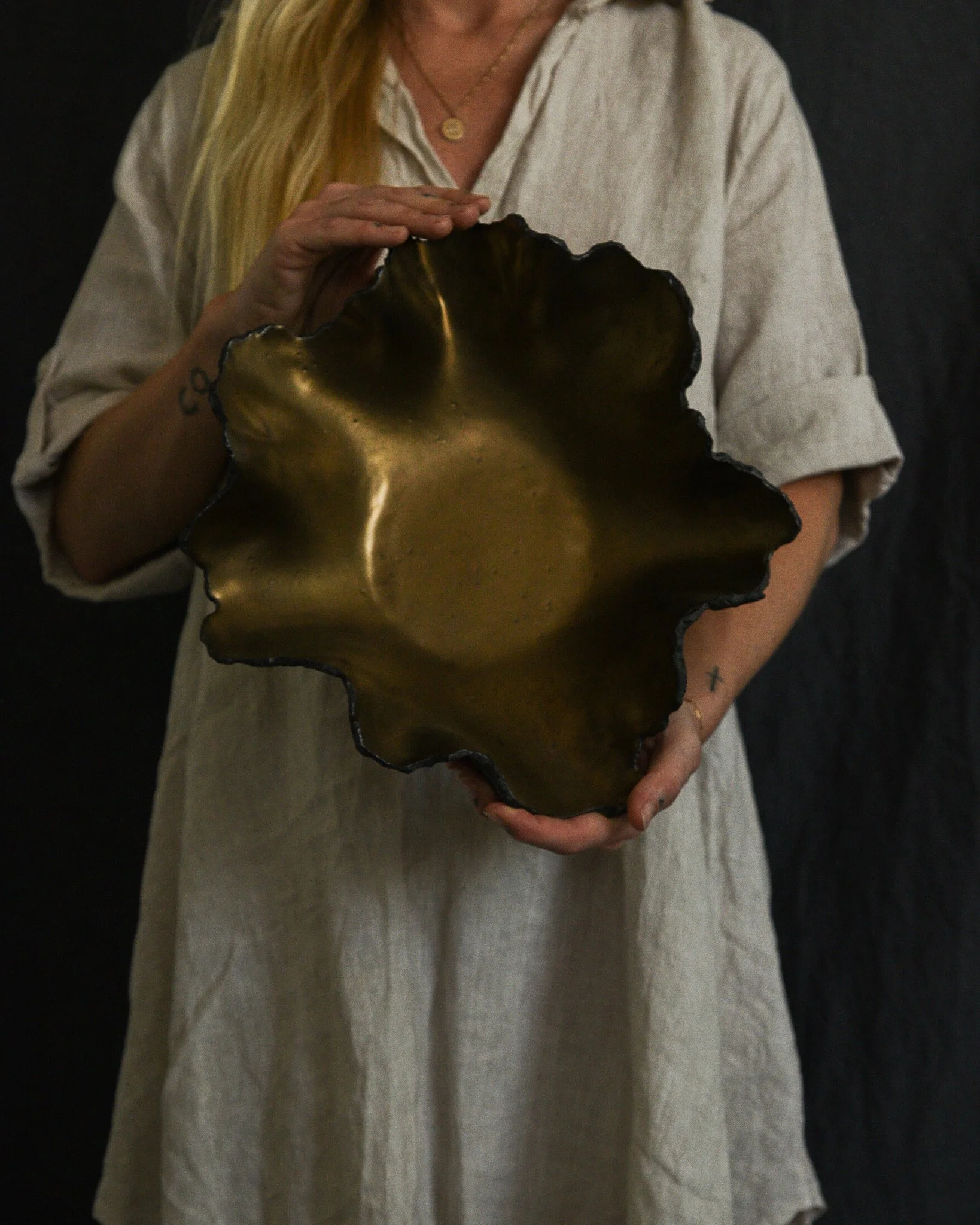 One-of-a-kind handmade ceramic vessel, contemporary wabi sabi with organic form and textured surface variation black bronze dish