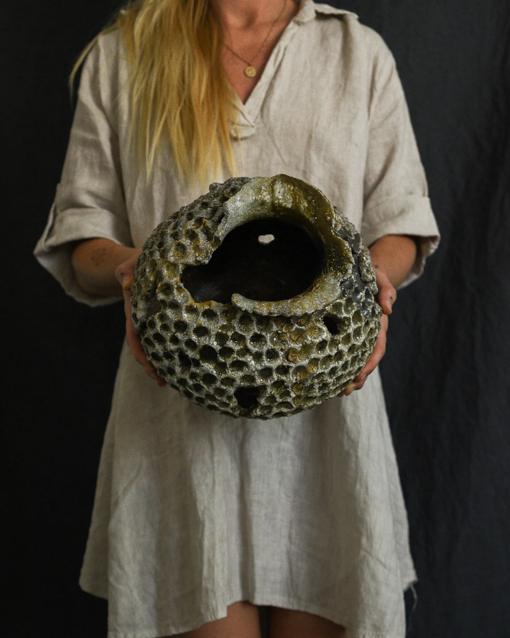 One-of-a-kind handmade ceramic vessel, contemporary wabi sabi with organic form and textured surface variation wood fired