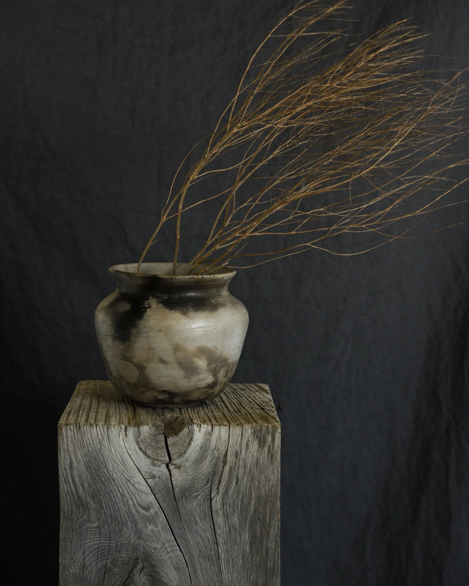 One-of-a-kind handmade ceramic vessel, contemporary wabi sabi with organic form and textured surface variation pit fired