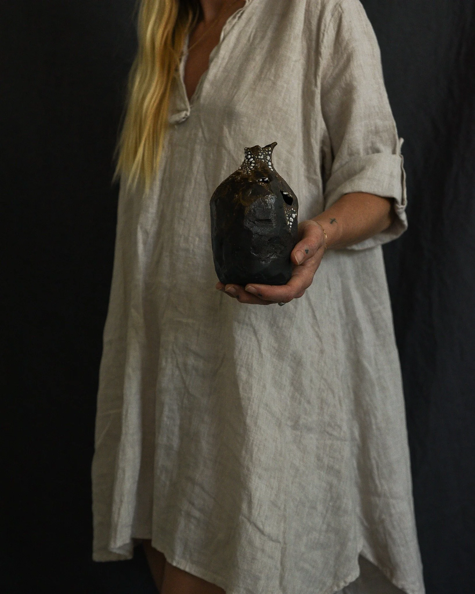 One-of-a-kind handmade ceramic vessel, contemporary wabi sabi with organic form and textured surface variation black