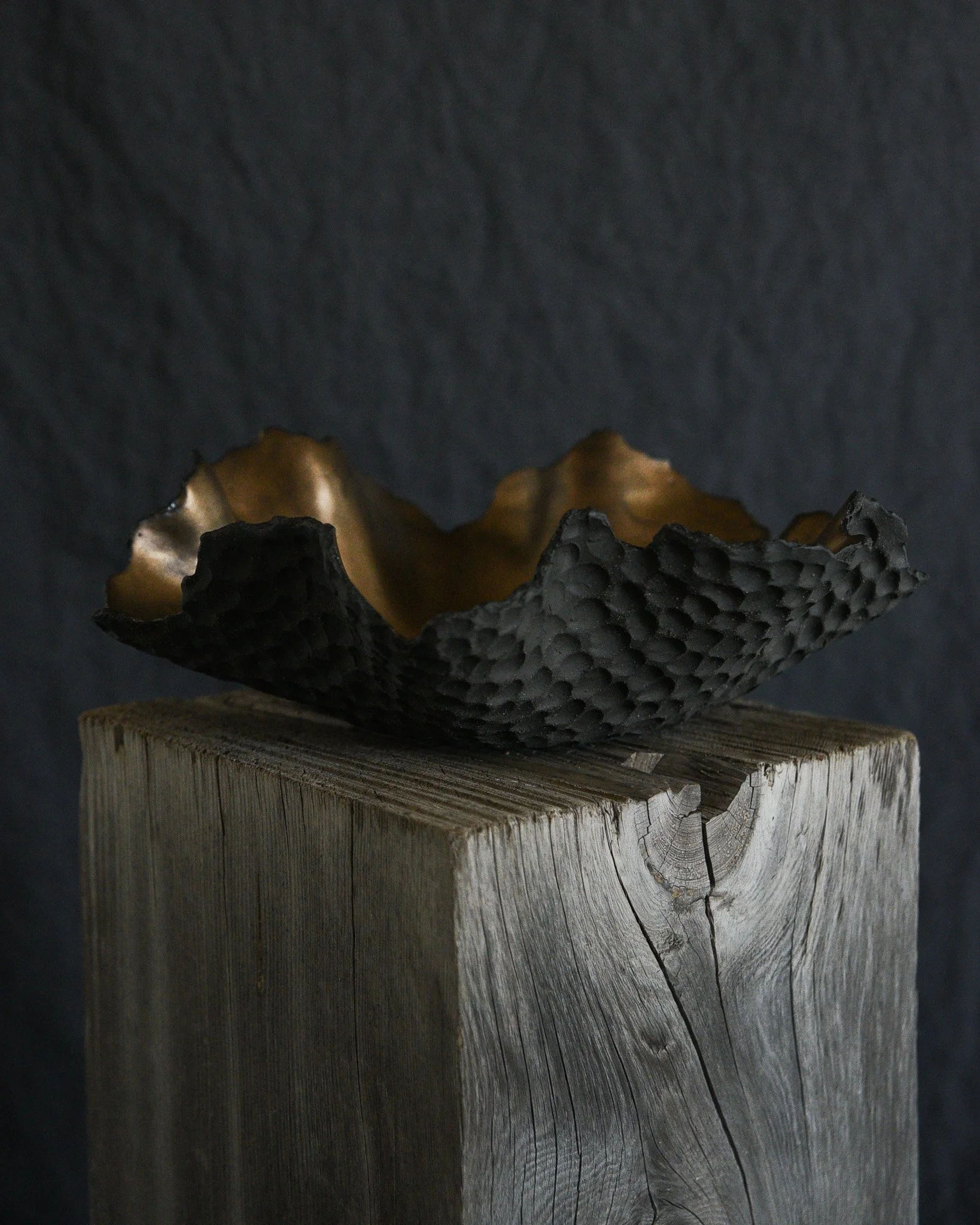 One-of-a-kind handmade ceramic vessel, contemporary wabi sabi with organic form and textured surface variation black bronze dish