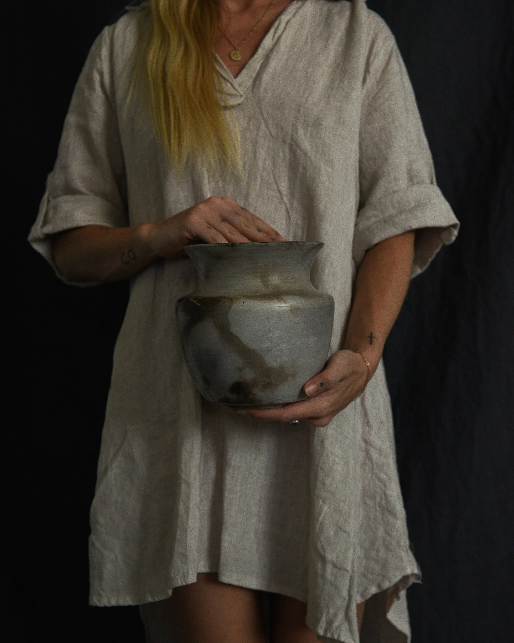 One-of-a-kind handmade ceramic vessel, contemporary wabi sabi with organic form and textured surface variation pit fired