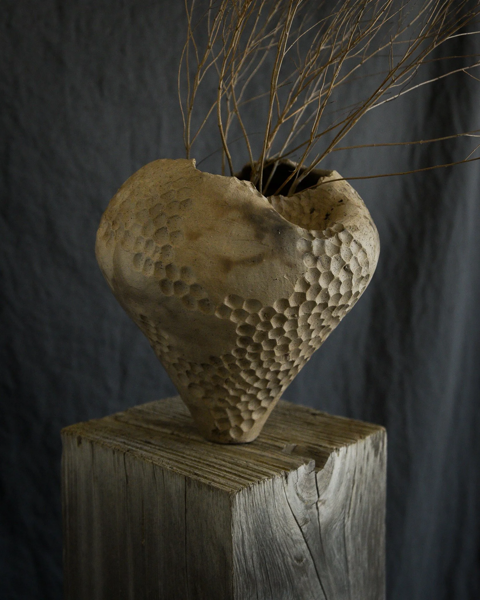 One-of-a-kind handmade ceramic vessel, contemporary wabi sabi with organic form and surface variation pit fired