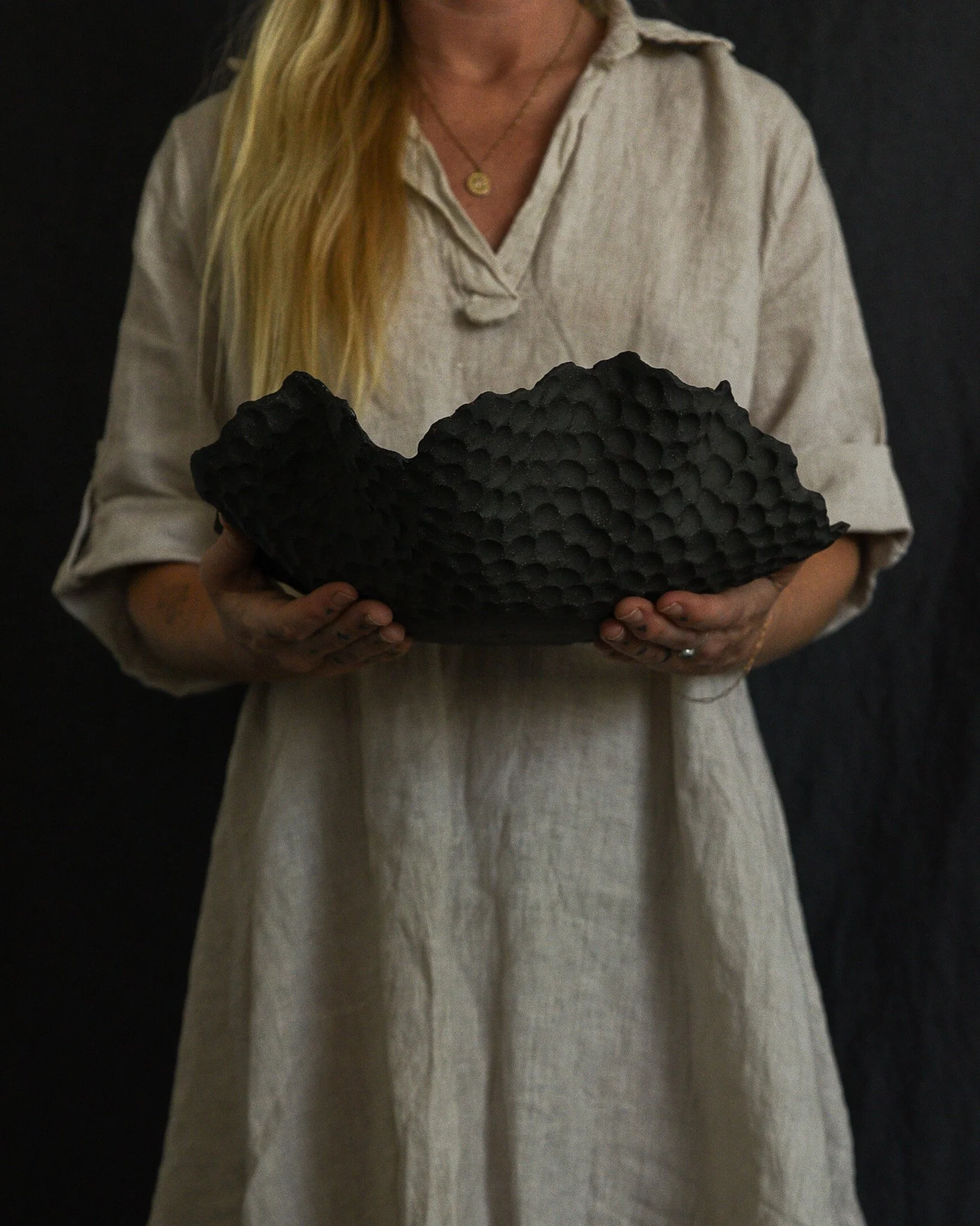 One-of-a-kind handmade ceramic vessel, contemporary wabi sabi with organic form and textured surface variation black bronze dish