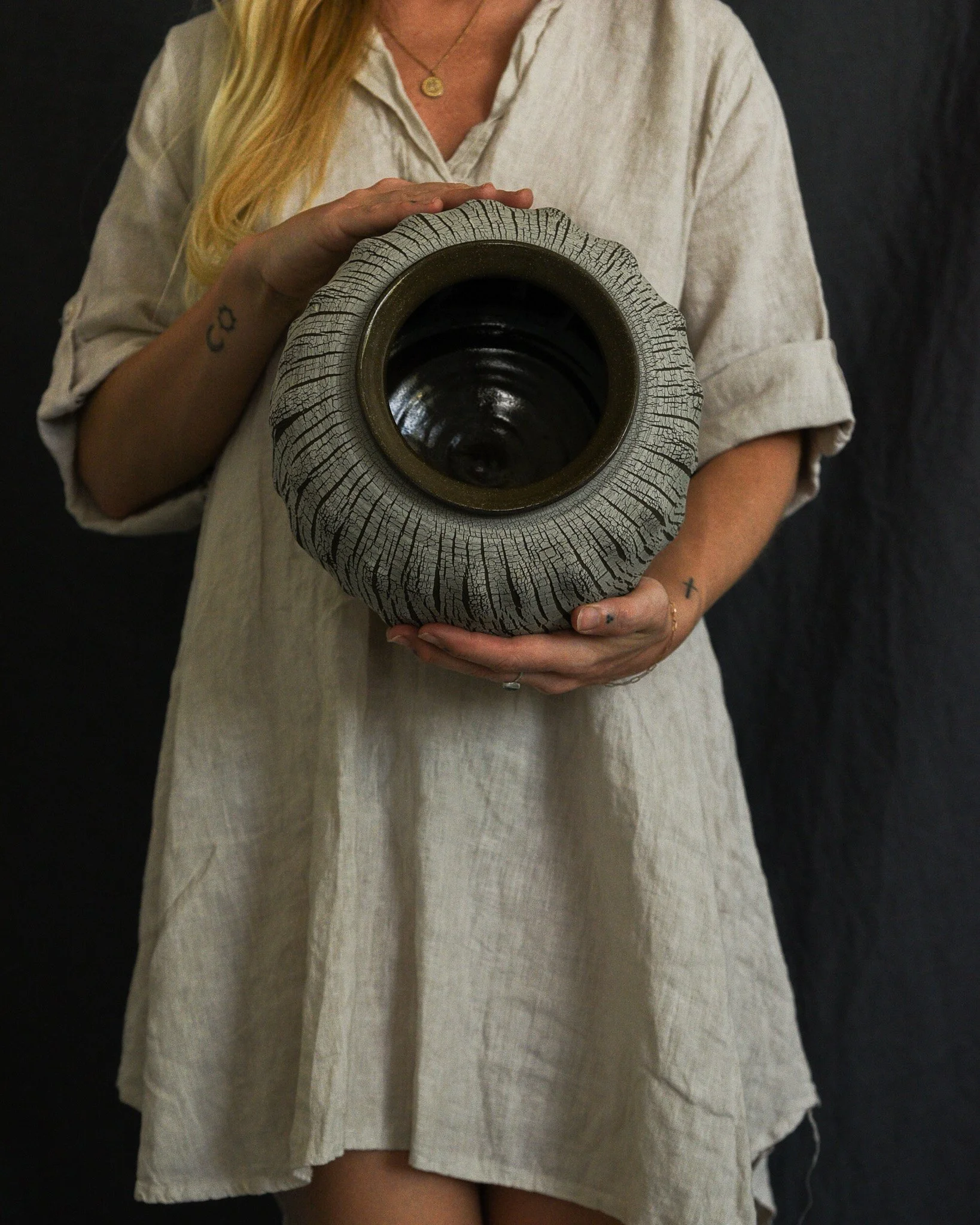 One-of-a-kind handmade ceramic vessel, contemporary wabi sabi with organic form and textured surface variation sodium silicate