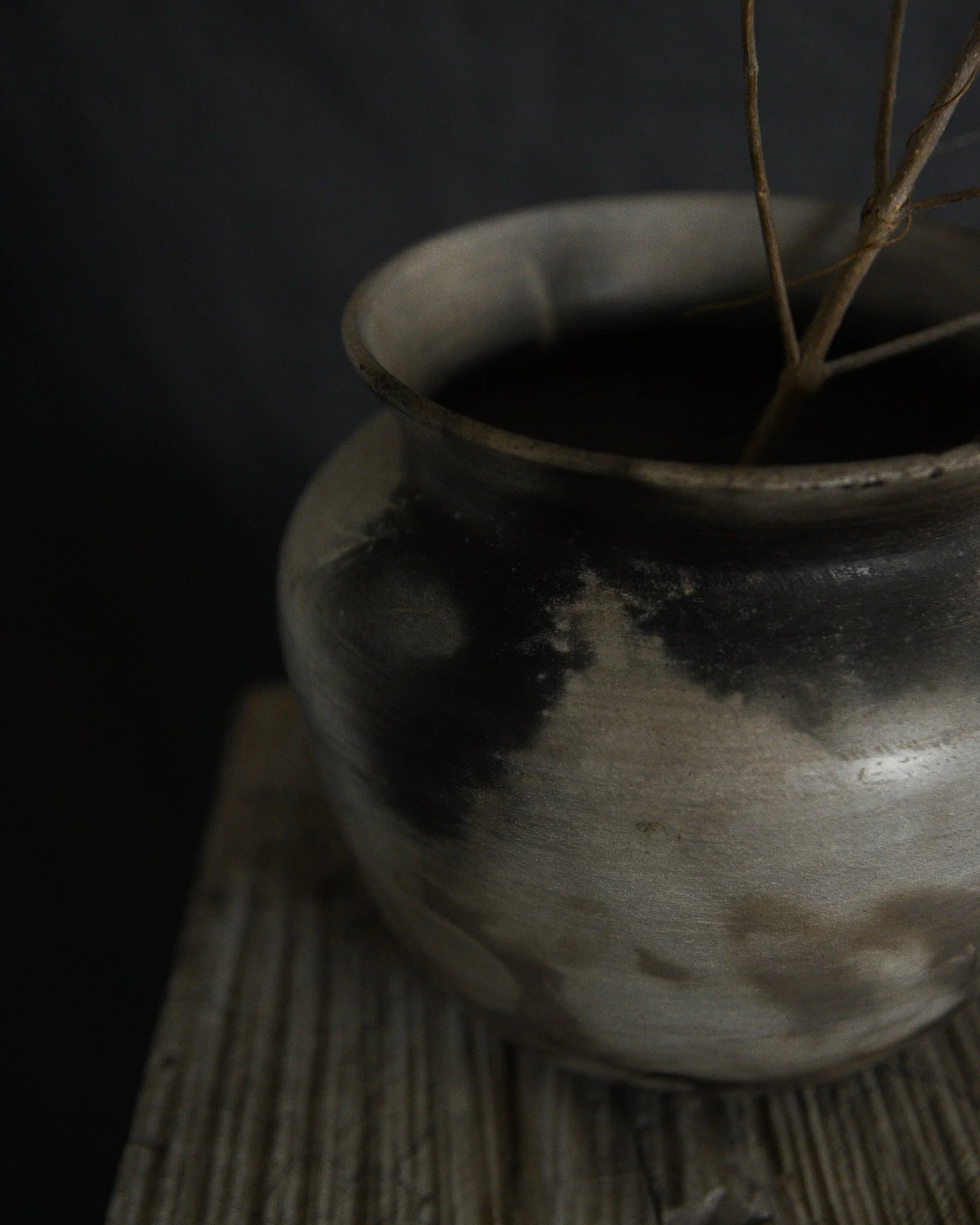 One-of-a-kind handmade ceramic vessel, contemporary wabi sabi with organic form and textured surface variation pit fired
