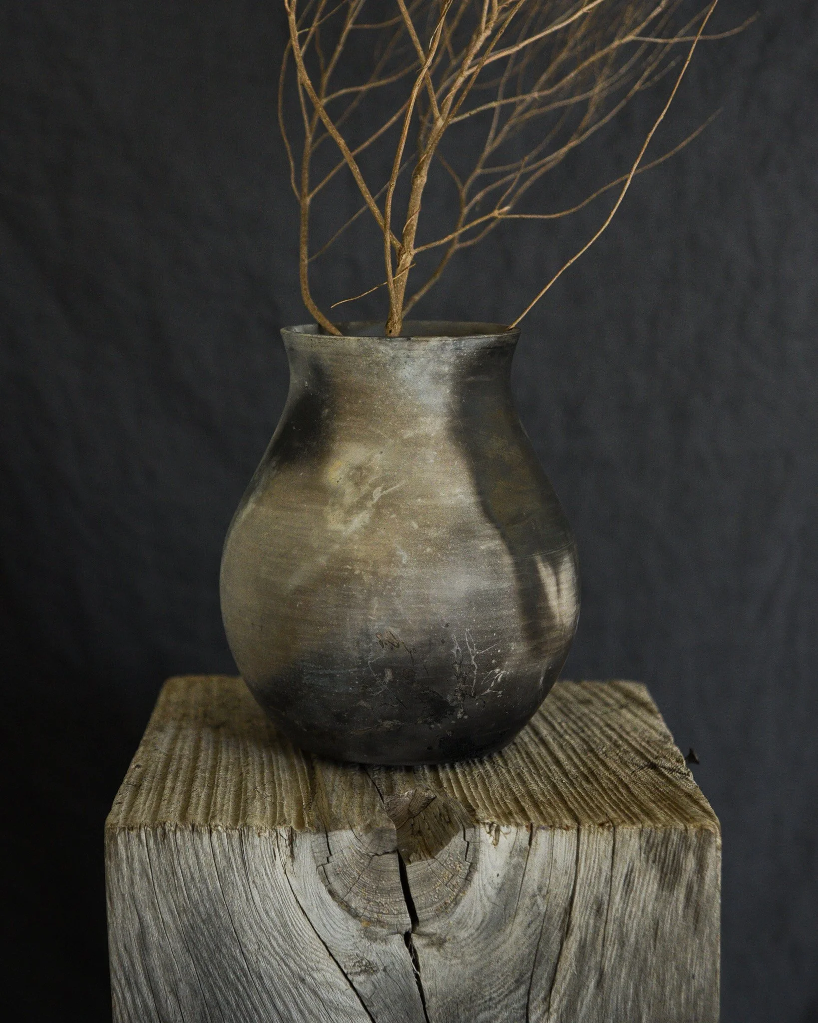 One-of-a-kind handmade ceramic vessel, contemporary wabi sabi with organic form and textured surface variation pit fired