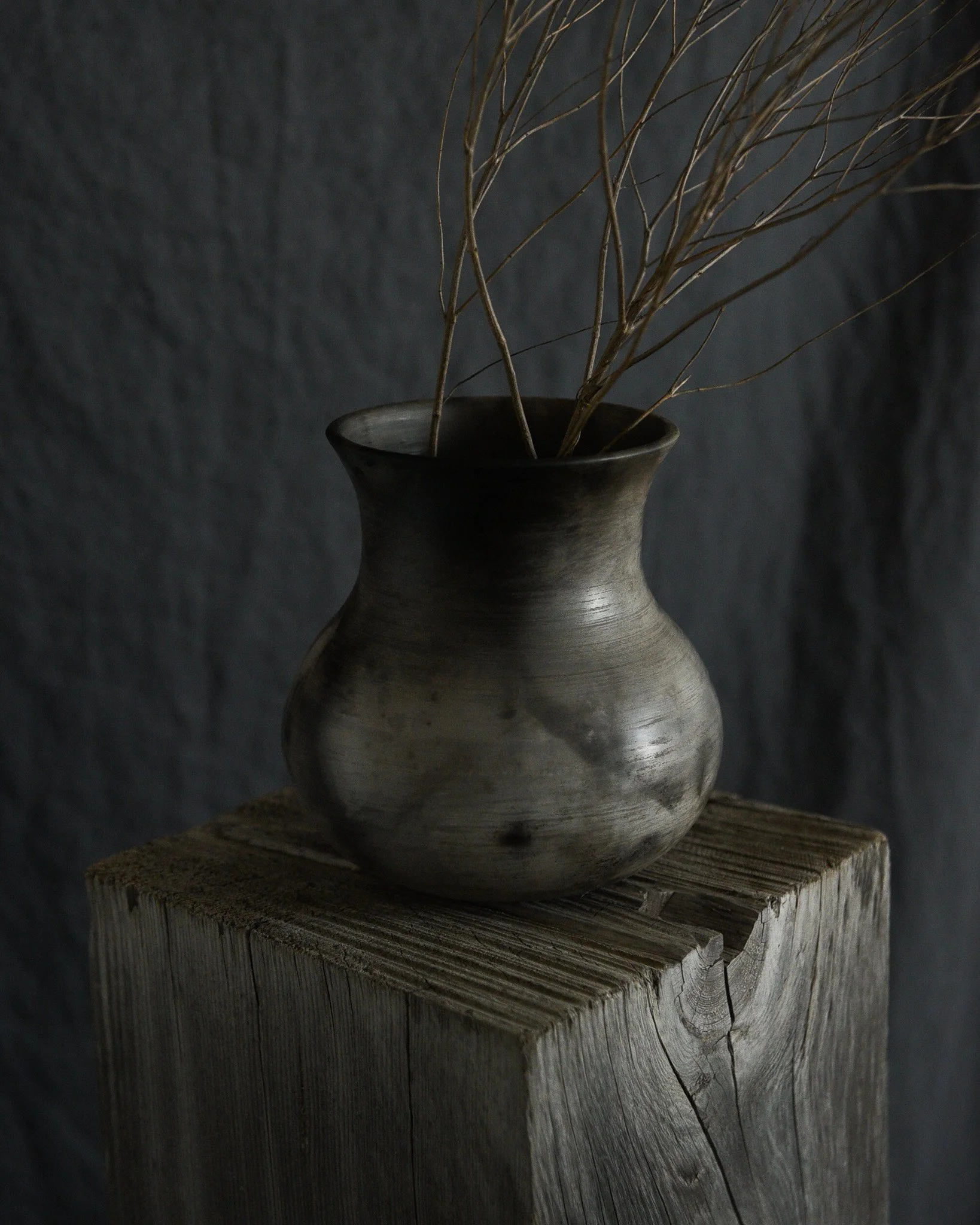 One-of-a-kind handmade ceramic vessel, contemporary wabi sabi with organic form and textured surface variation pit fired