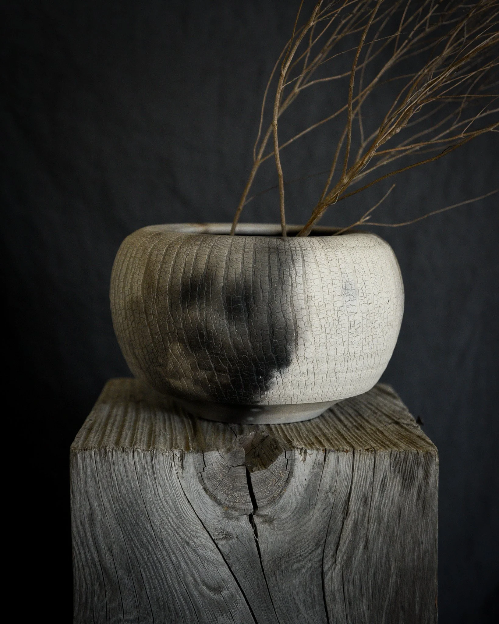 One-of-a-kind handmade ceramic vessel, contemporary wabi sabi with organic form and textured surface variation pit fired sodium silicate