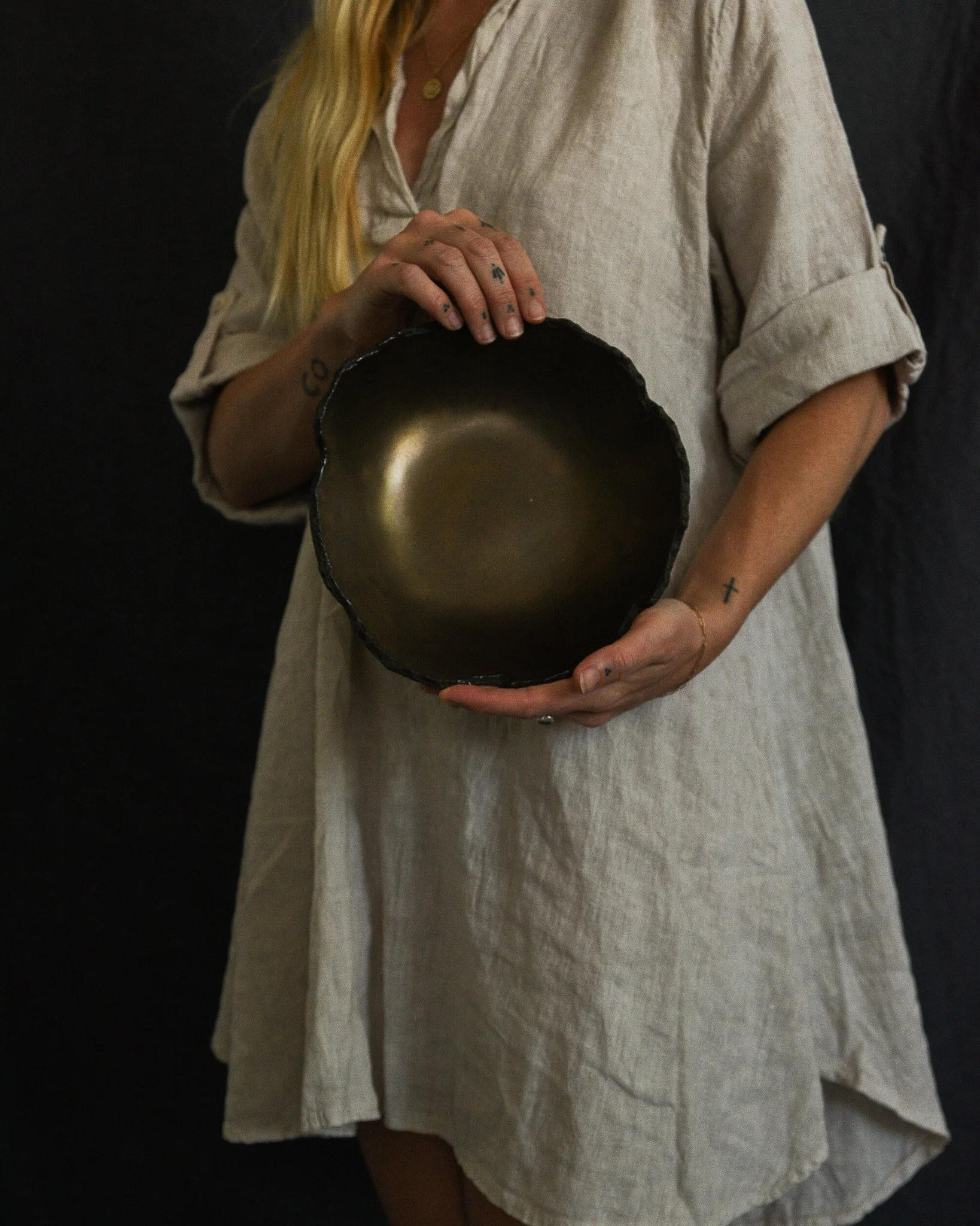 One-of-a-kind handmade ceramic vessel, contemporary wabi sabi with organic form and textured surface variation black bronze dish