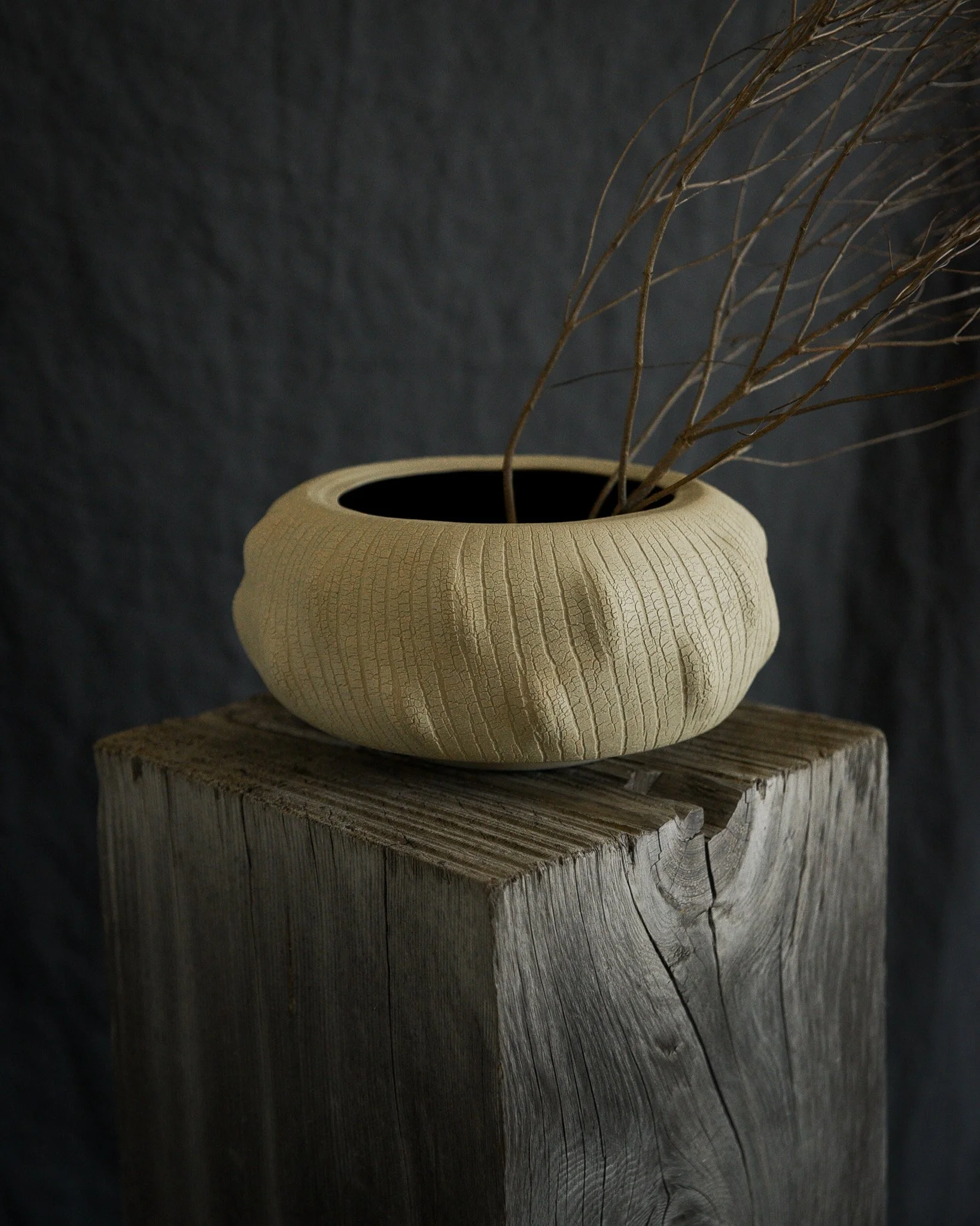 One-of-a-kind handmade ceramic vessel, contemporary wabi sabi with organic form and textured surface variation sodium silicate