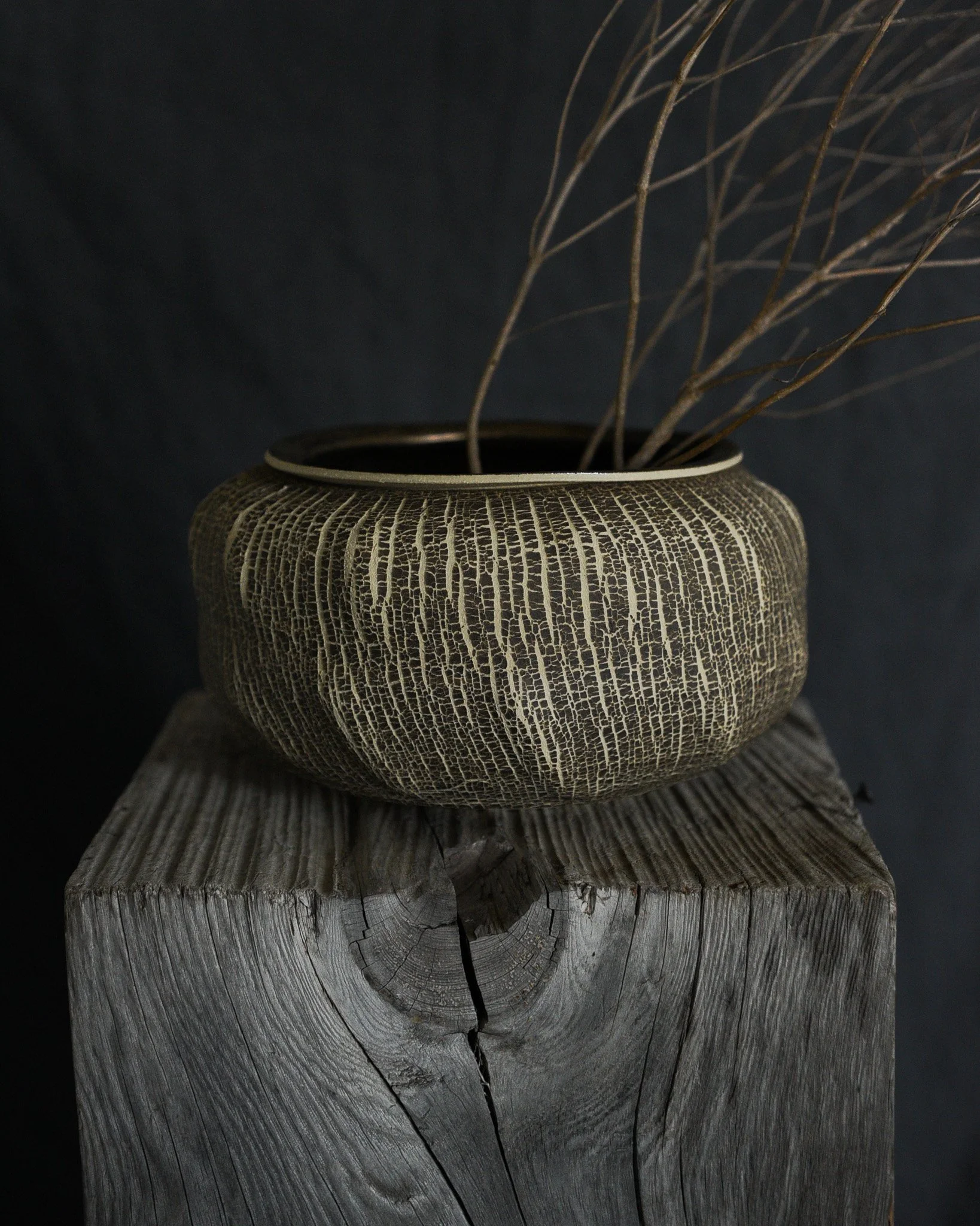 One-of-a-kind handmade ceramic vessel, contemporary wabi sabi with organic form and textured surface variation sodium silicate