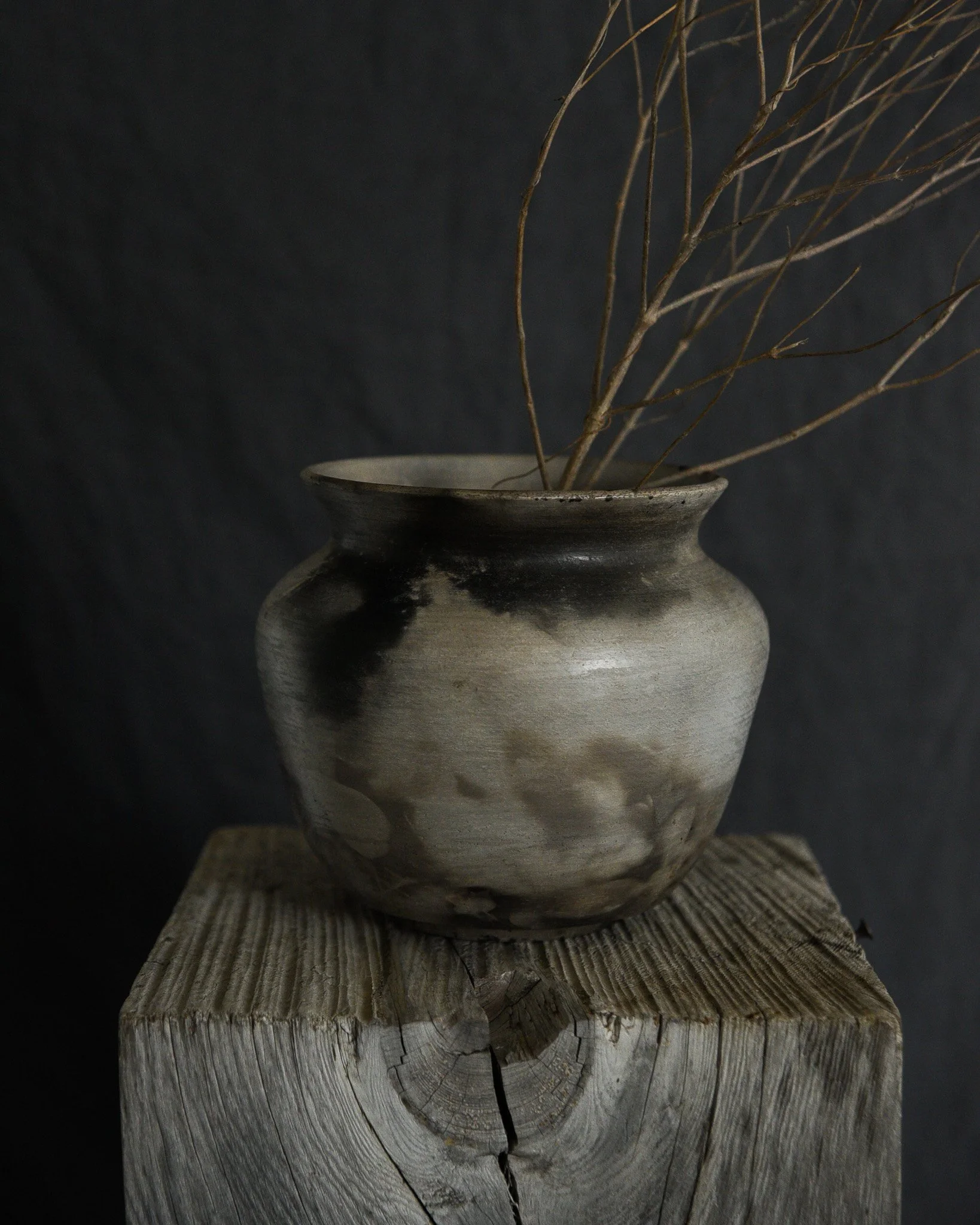 One-of-a-kind handmade ceramic vessel, contemporary wabi sabi with organic form and textured surface variation pit fired
