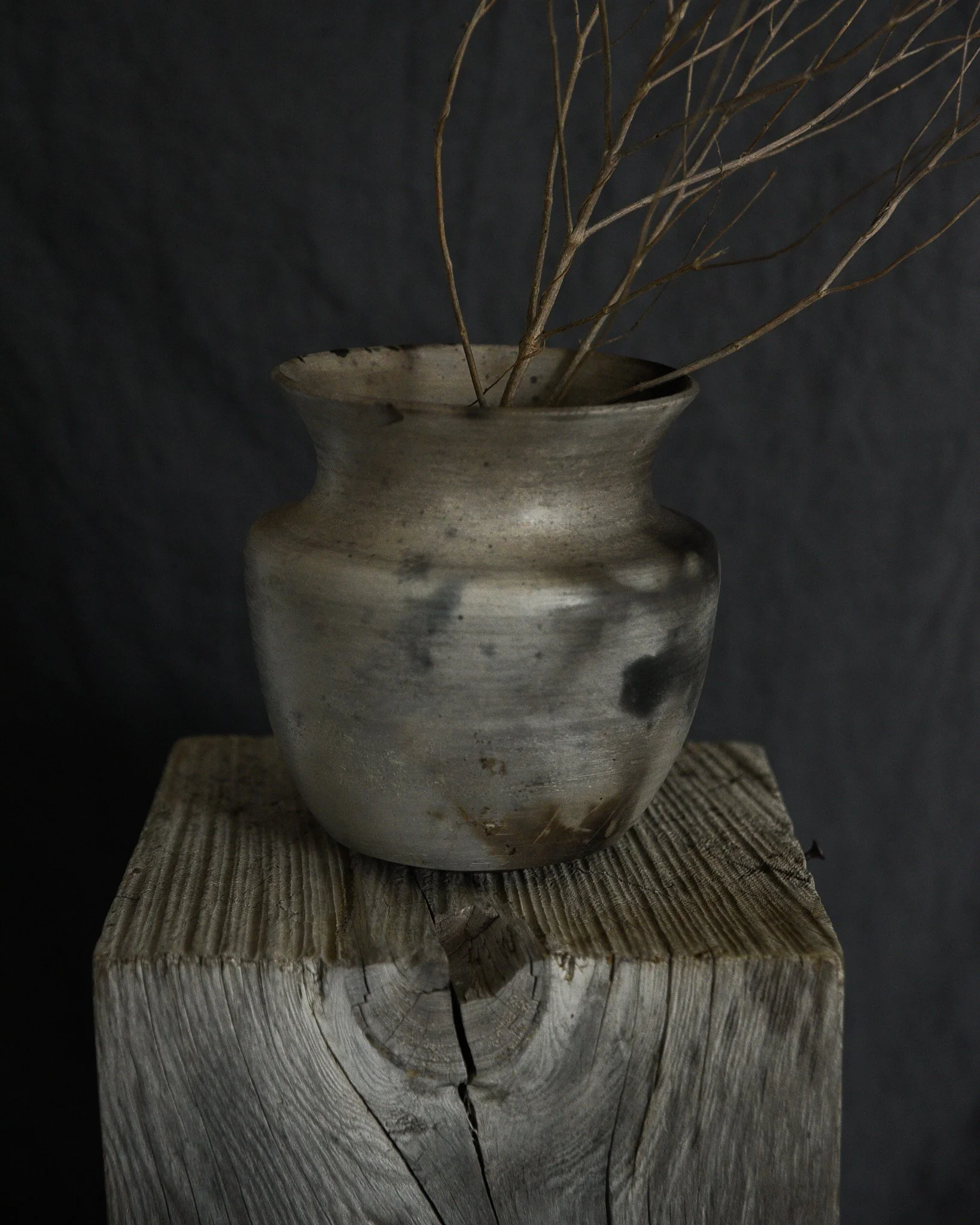 One-of-a-kind handmade ceramic vessel, contemporary wabi sabi with organic form and textured surface variation pit fired