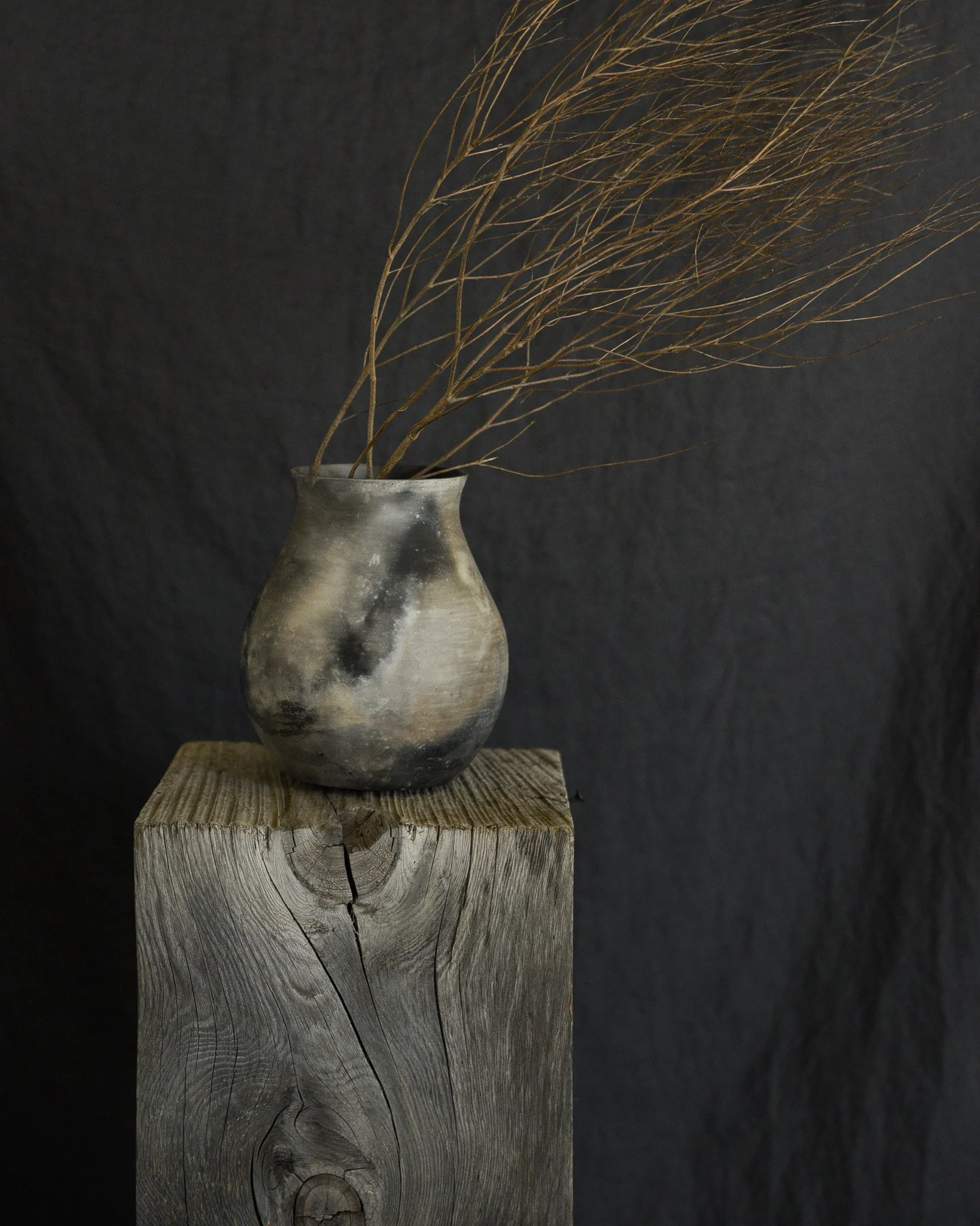One-of-a-kind handmade ceramic vessel, contemporary wabi sabi with organic form and textured surface variation pit fired