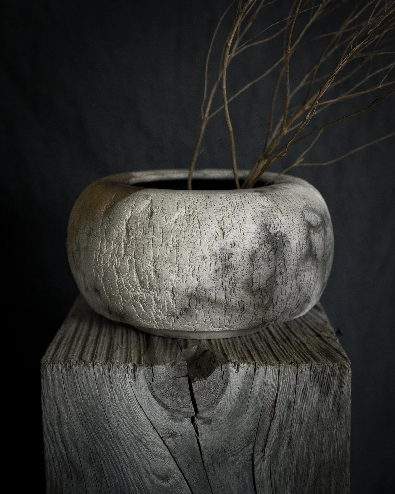 Cenizas Distressed Vessel No.6 by Alex Roby Design a wheel-turned vessel finished by pit fire white black and gray tones
