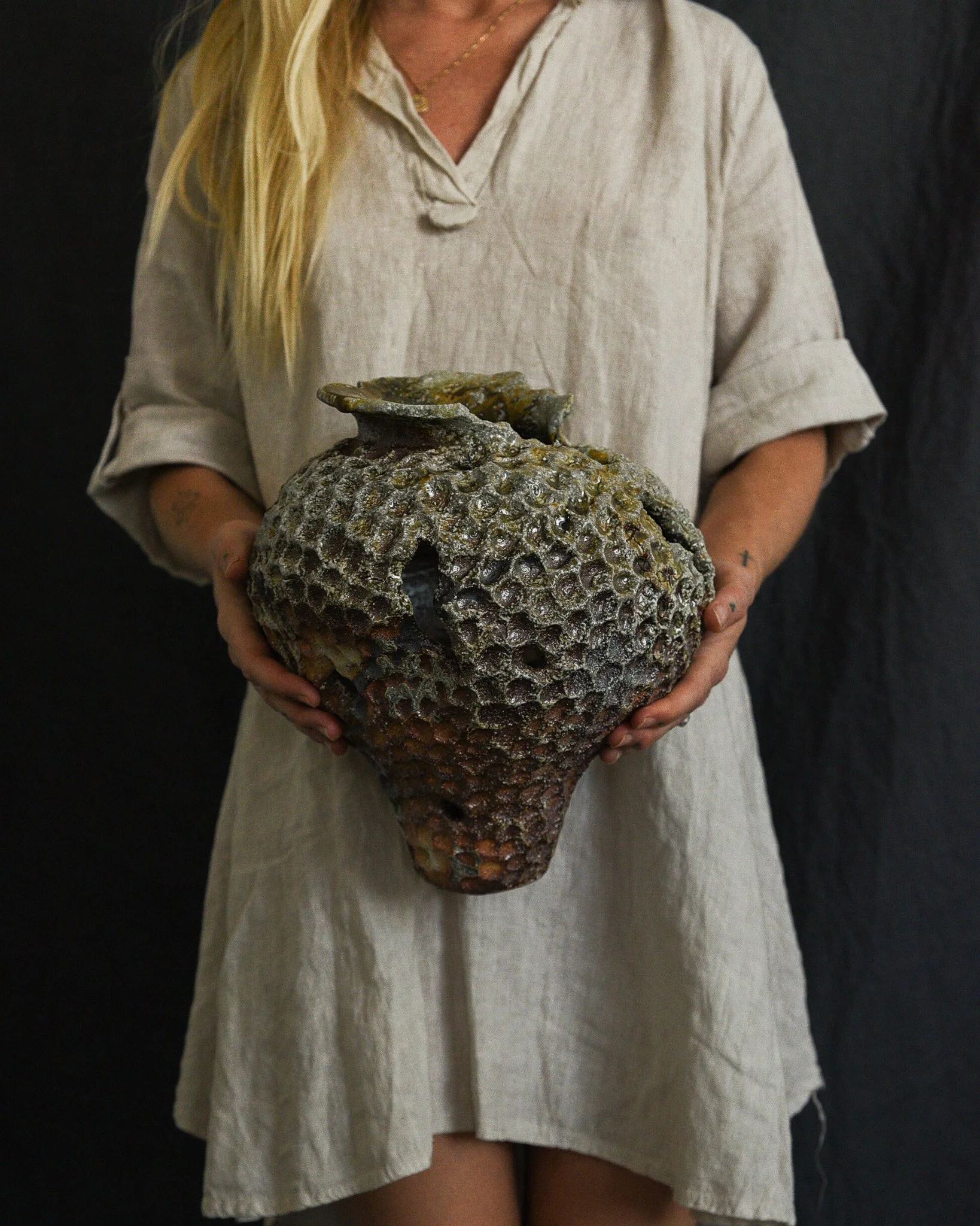 One-of-a-kind handmade ceramic vessel, contemporary wabi sabi with organic form and textured surface variation wood fired