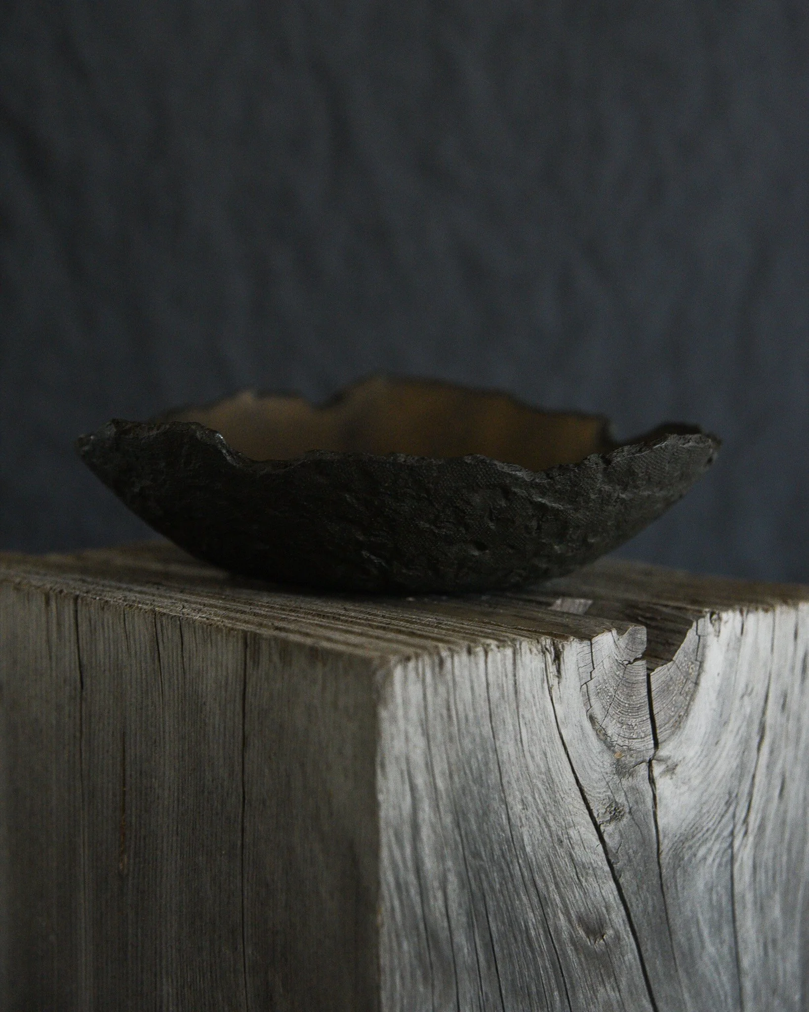 One-of-a-kind handmade ceramic vessel, contemporary wabi sabi with organic form and textured surface variation black bronze dish
